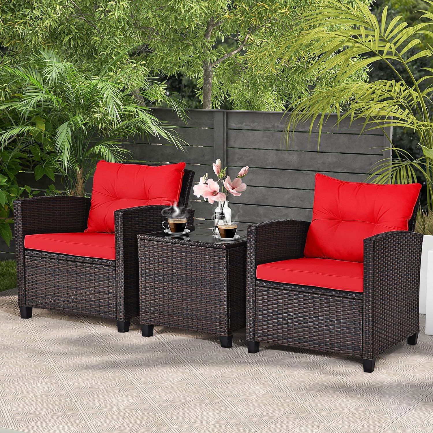 ORALNER 3 Pieces Patio Furniture Set, Outdoor Wicker Conversation Set Rattan Chairs with Cushions, Glass Coffee Table, Bistro Set for Front Porch Balcony Garden Deck Poolside (Red)