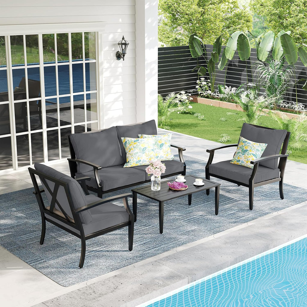 4-Piece Patio Furniture Set, Wider Outdoor Metal Seating Sofa with High Back & Lovsest, Coffee Table, All Weather Rattan Conversation for Backyard, Poolside, Deck-Grey