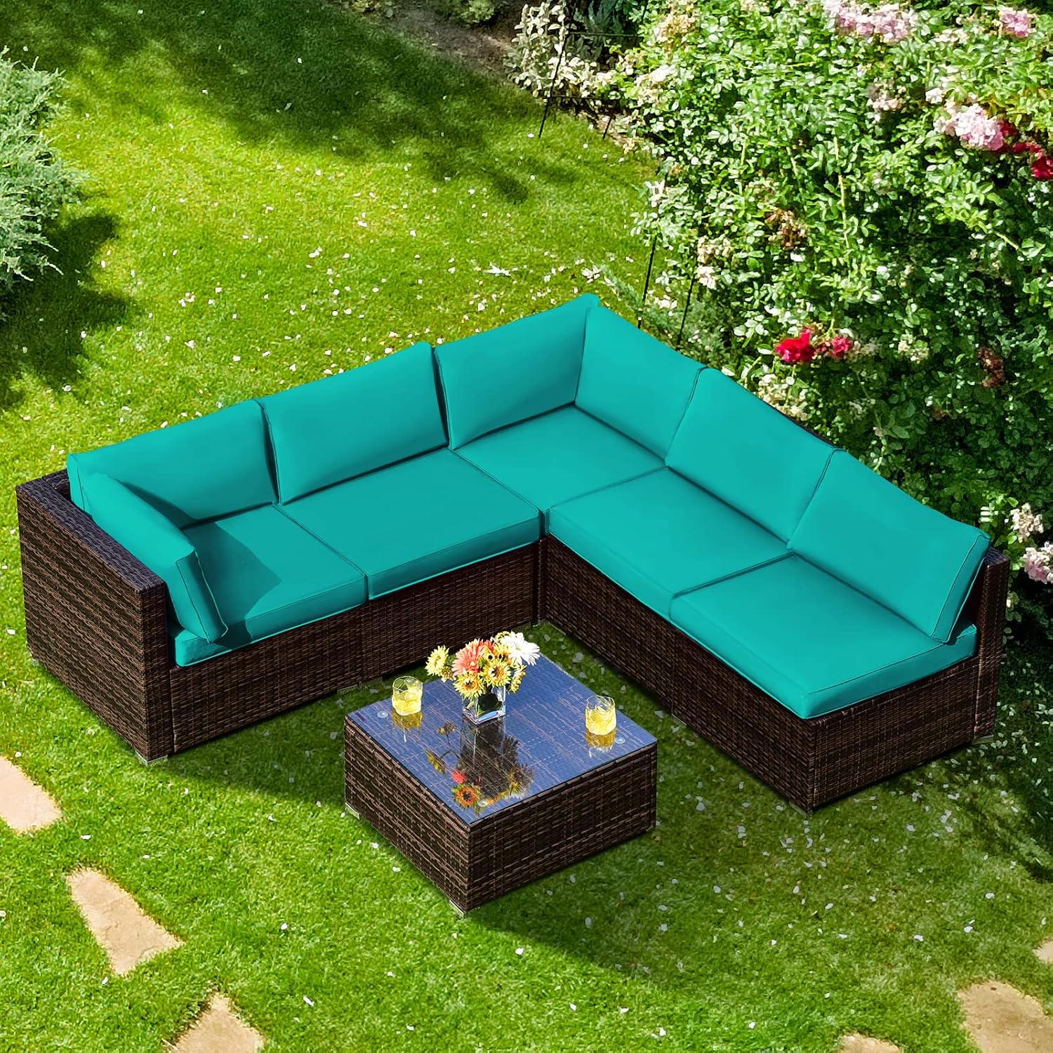 COSTWAY 6-Piece Outdoor Patio Furniture Set, Rattan Sectional Sofa Set with Tempered Glass Coffee Table and Cushions for Garden, Deck, Backyard (Turquoise)