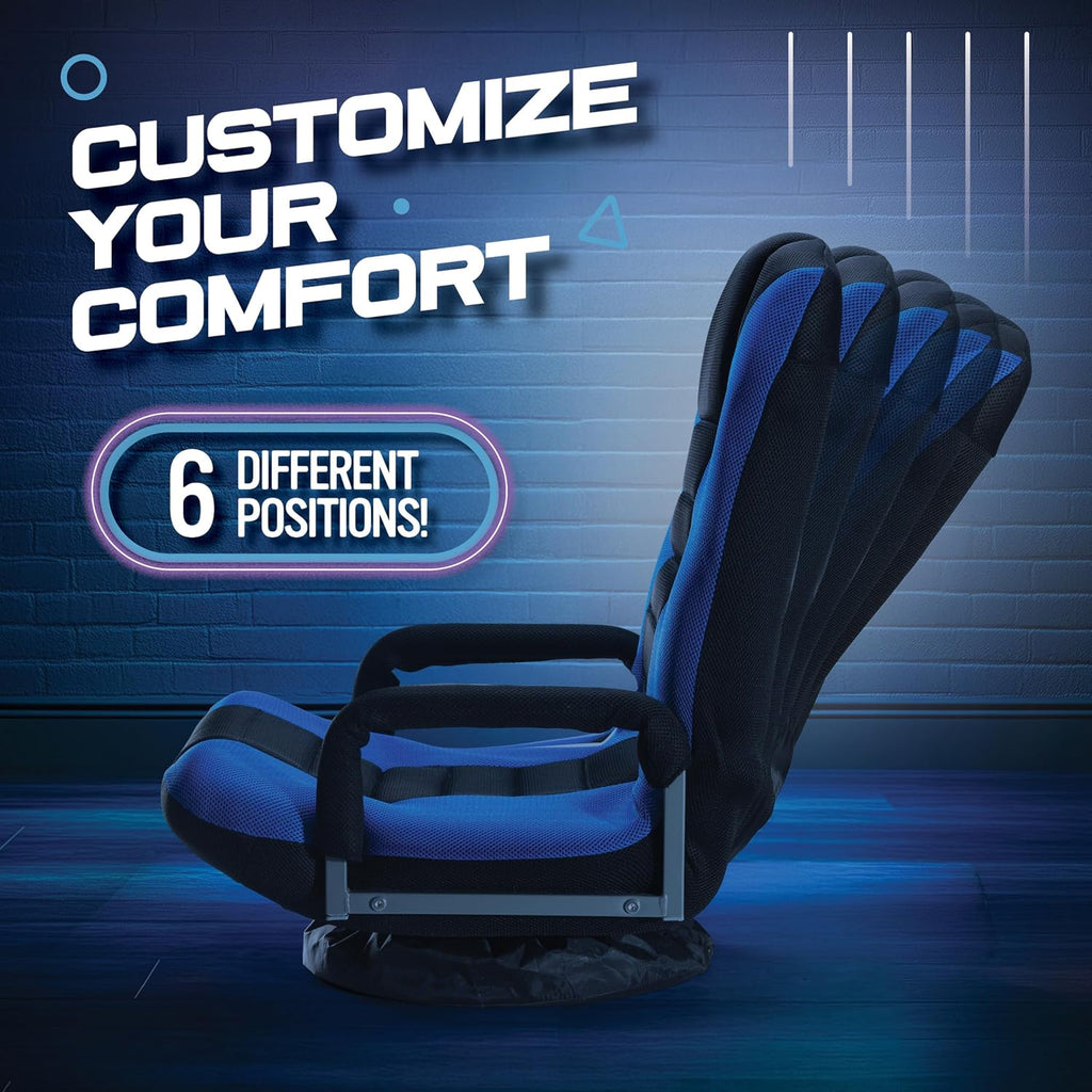 Maple99 Swivel Floor Gaming Chair - Video Lounger Enjoy 6 Different Positions, Adjustable Backrest, Removable Arm Rests, Folds to Store, Stylish Blue with Black Center Stripe