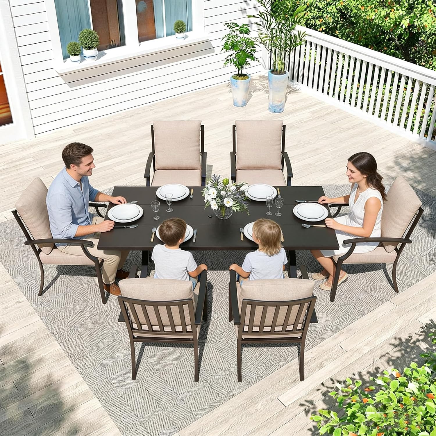 Gotland 7 Piece Outdoor Dining Set, Metal Outdoor Table and Chairs with X-Shaped Legs 1.5' Umbrella Hole, Patio Furniture Set with Waterproof Cushions, Patio Dining Sets for Backyard Deck Khaki
