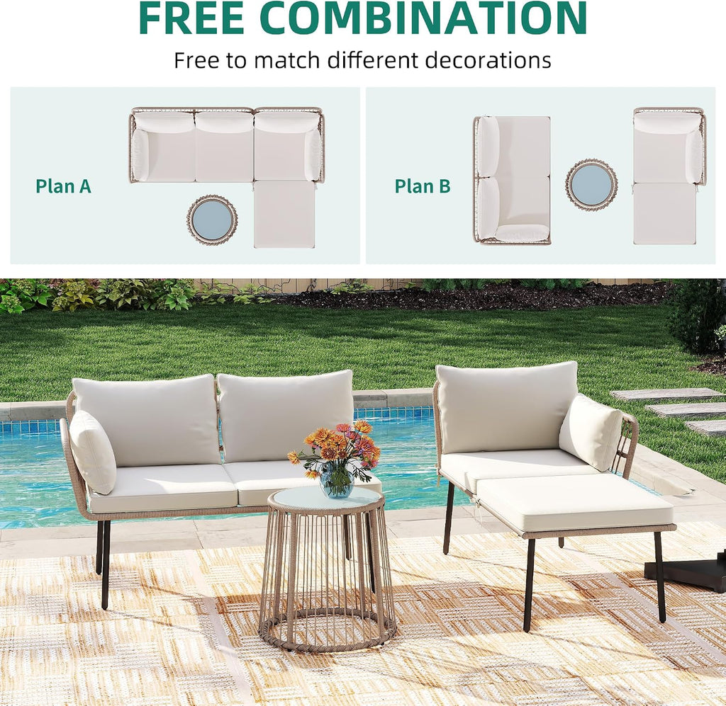 YITAHOME 3 Piece Patio Furniture Set Wicker Patio Sectional with Detachable Cushions and Coffee Table Outdoor Furniture Set L-Shaped Sectional Conversation Sofa Set for Backyard Porch Balcony - Beige