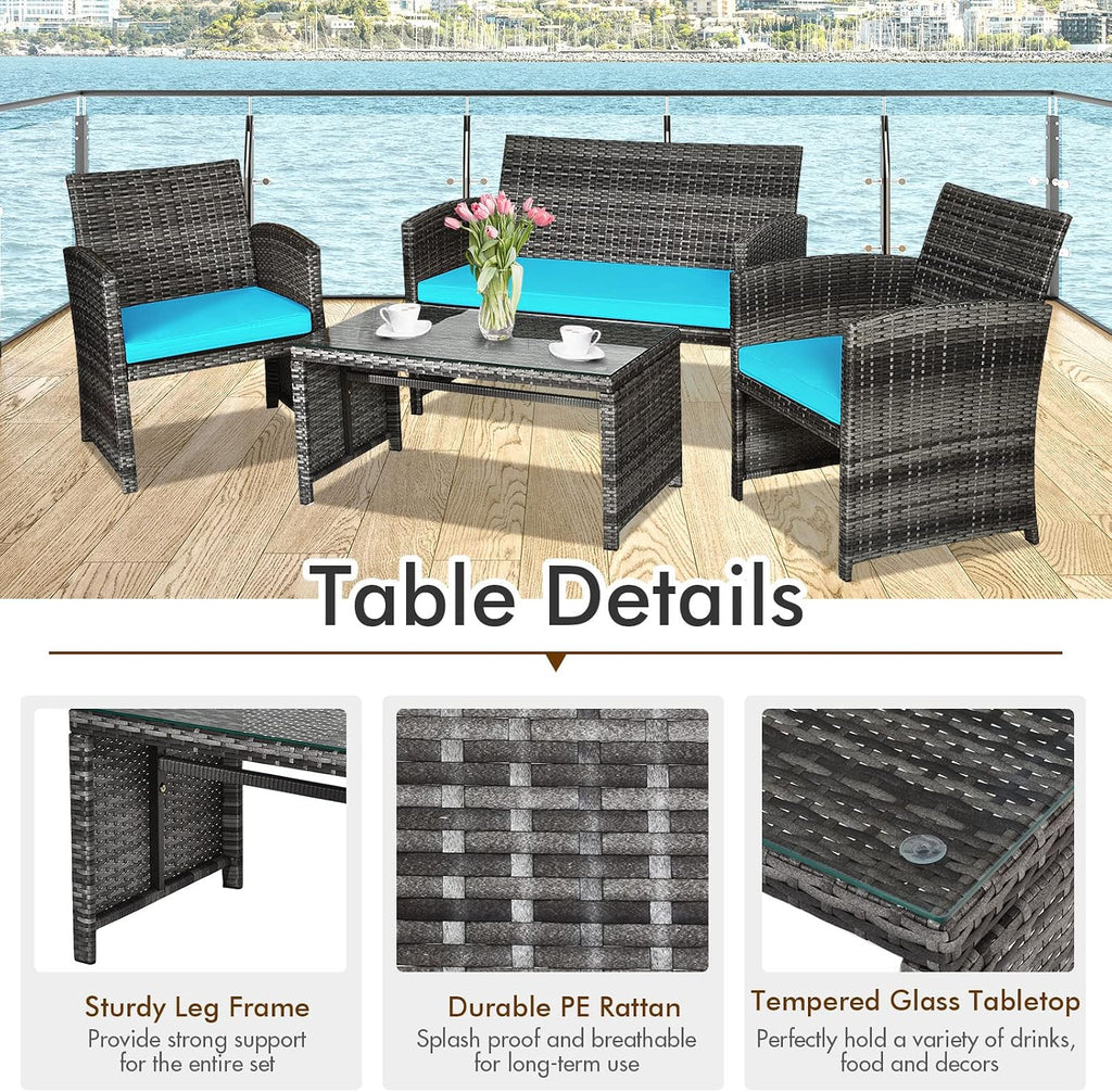 Giantex 4 Pc, Rattan Loveseat & Patio Chairs with Cushioned Seat, Wicker Coffee Table, Outdoor Furniture Front Porch Poolside Garden Lawn Conversation Sets, Mix Grey&Turquoise