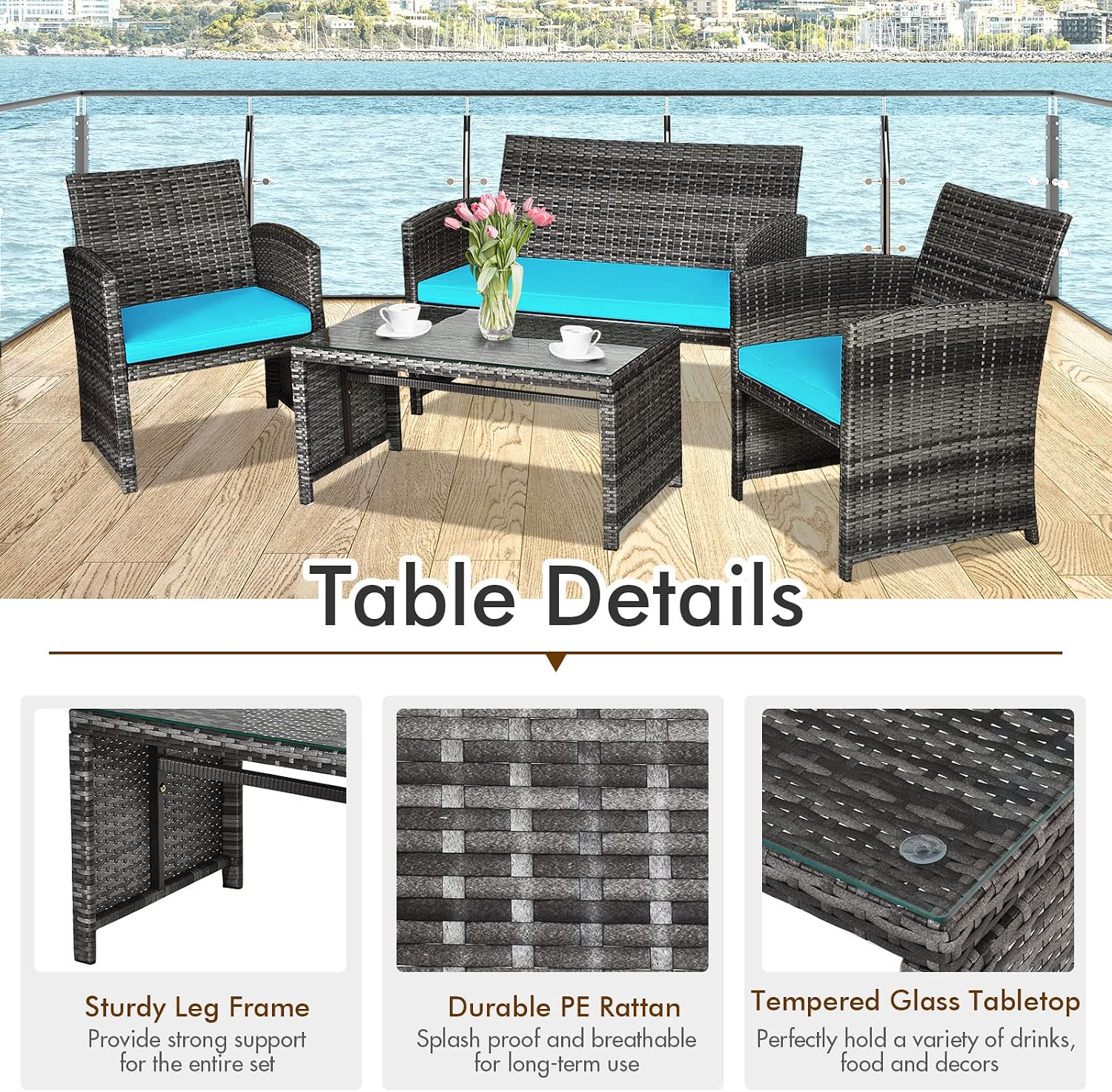 Giantex 4 Pc, Rattan Loveseat & Patio Chairs with Cushioned Seat, Wicker Coffee Table, Outdoor Furniture Front Porch Poolside Garden Lawn Conversation Sets, Mix Grey&Turquoise