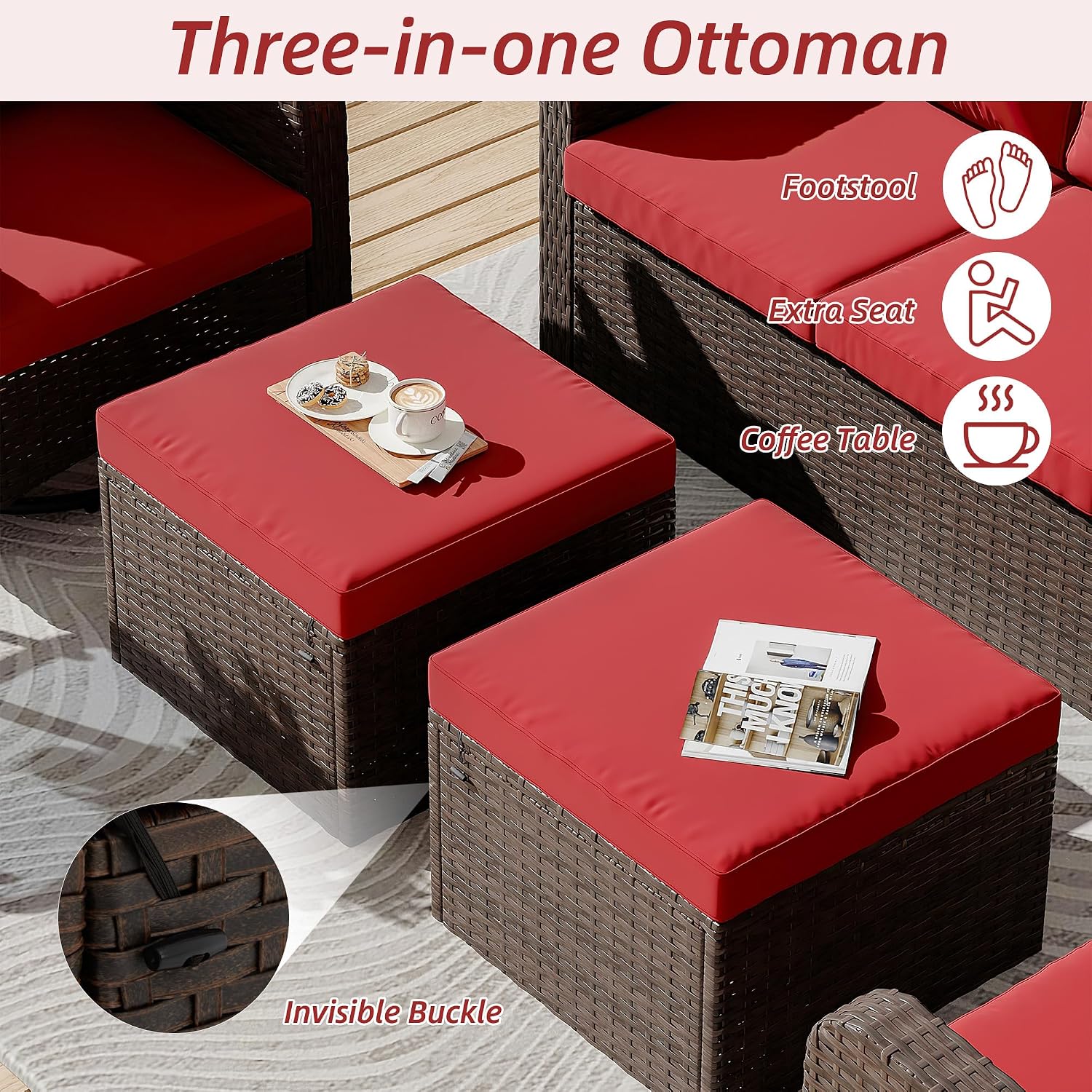 HOMREST 5 Piece Outdoor Patio Furniture Set-Wicker Swivel Chairs Set of 2 w/ 2 Ottoman, Coffee Table & Cushions Small Patio Furniture Set for Garden, Balcony (Wine Red)