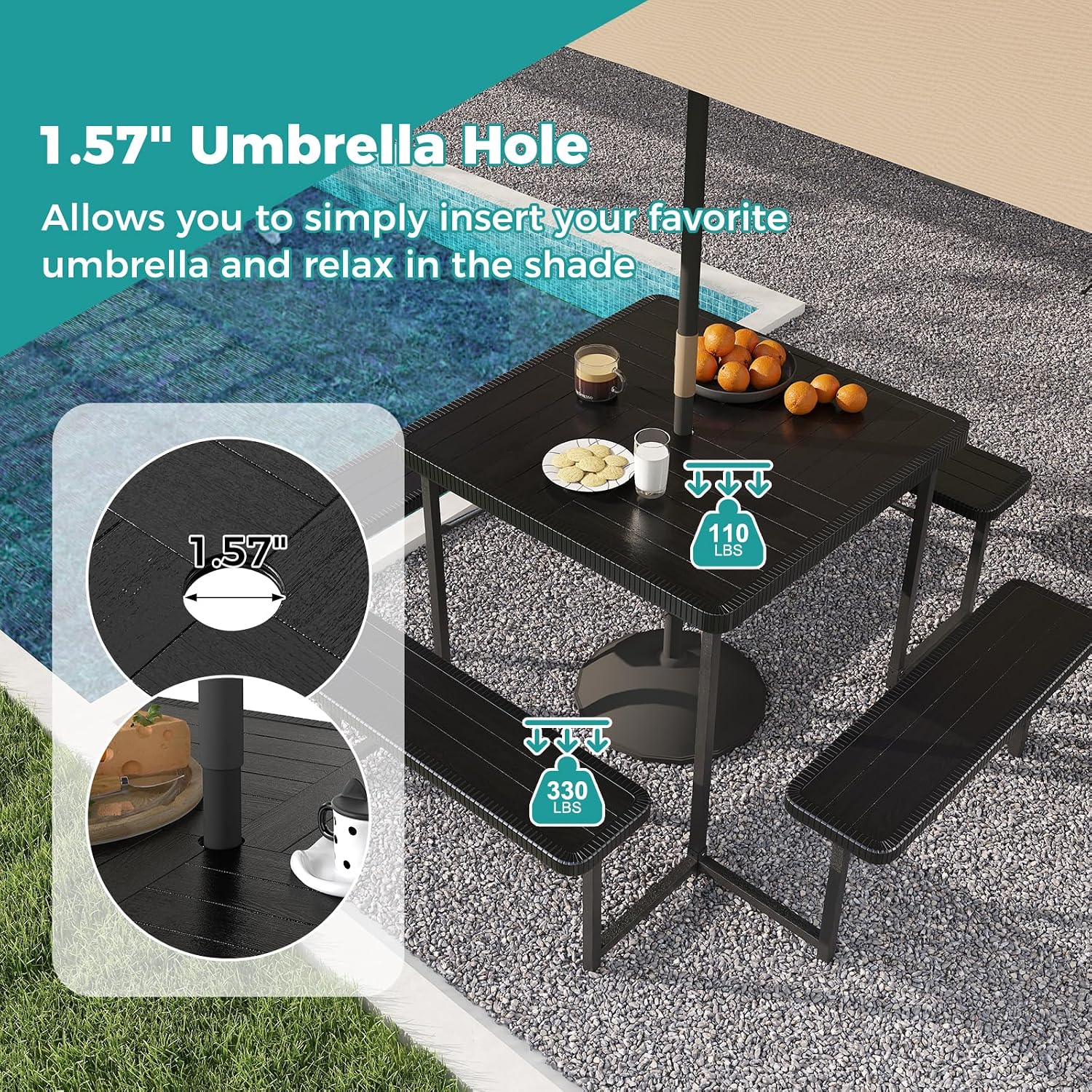 Giantex Picnic Table Bench Set for 4-8 People, 34' Outdoor Square Dining Table & 2 Benches w/Umbrella Hole, HDPE Tabletop, Metal Frame, Patio Camping Furniture for Backyard Porch Lawn (Black,Square)