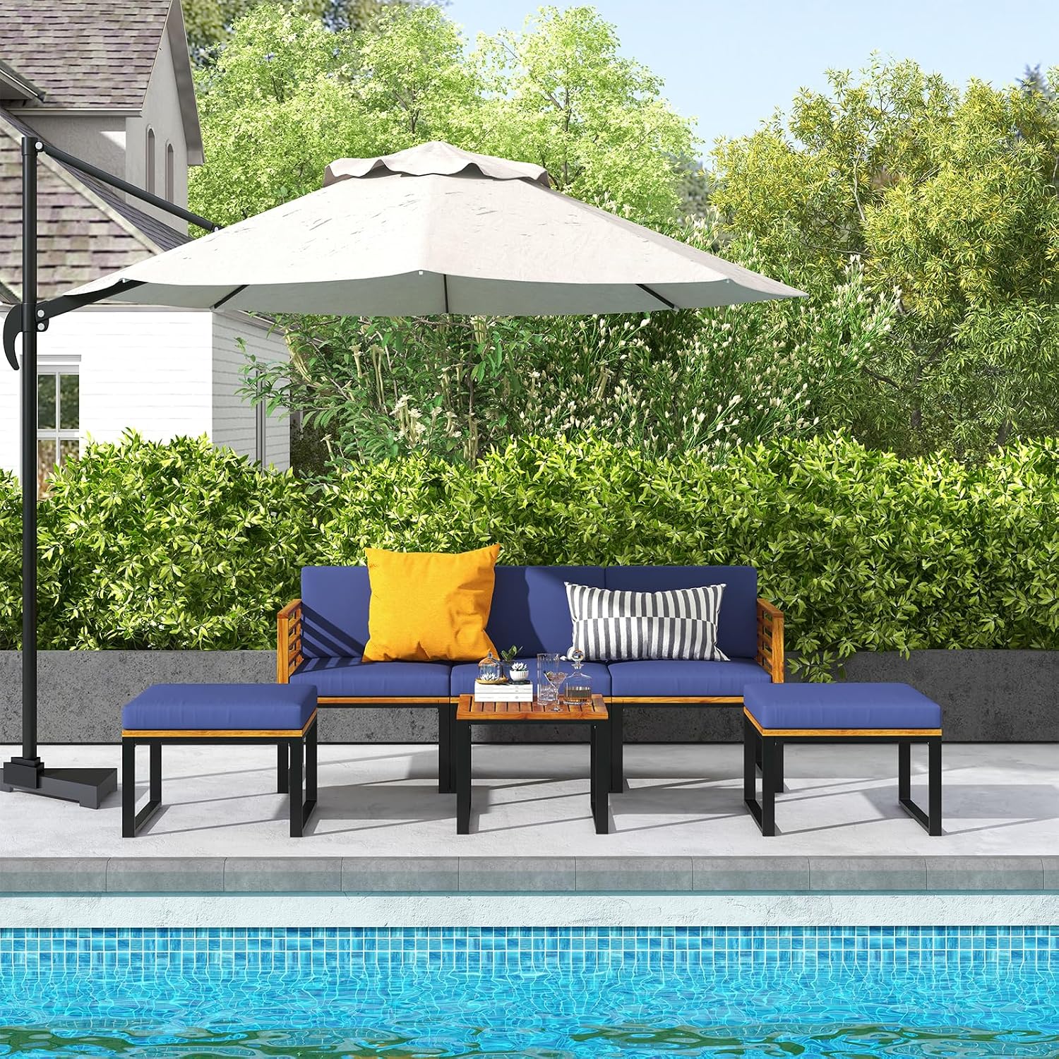 Tangkula 6 Pieces Acacia Wood Patio Furniture Set, Outdoor Sectional Conversation Sofa Set with Cushions, Coffee Table and Ottomans, Metal Frame Patio Sofas for Garden, Poolside, Backyard, Navy