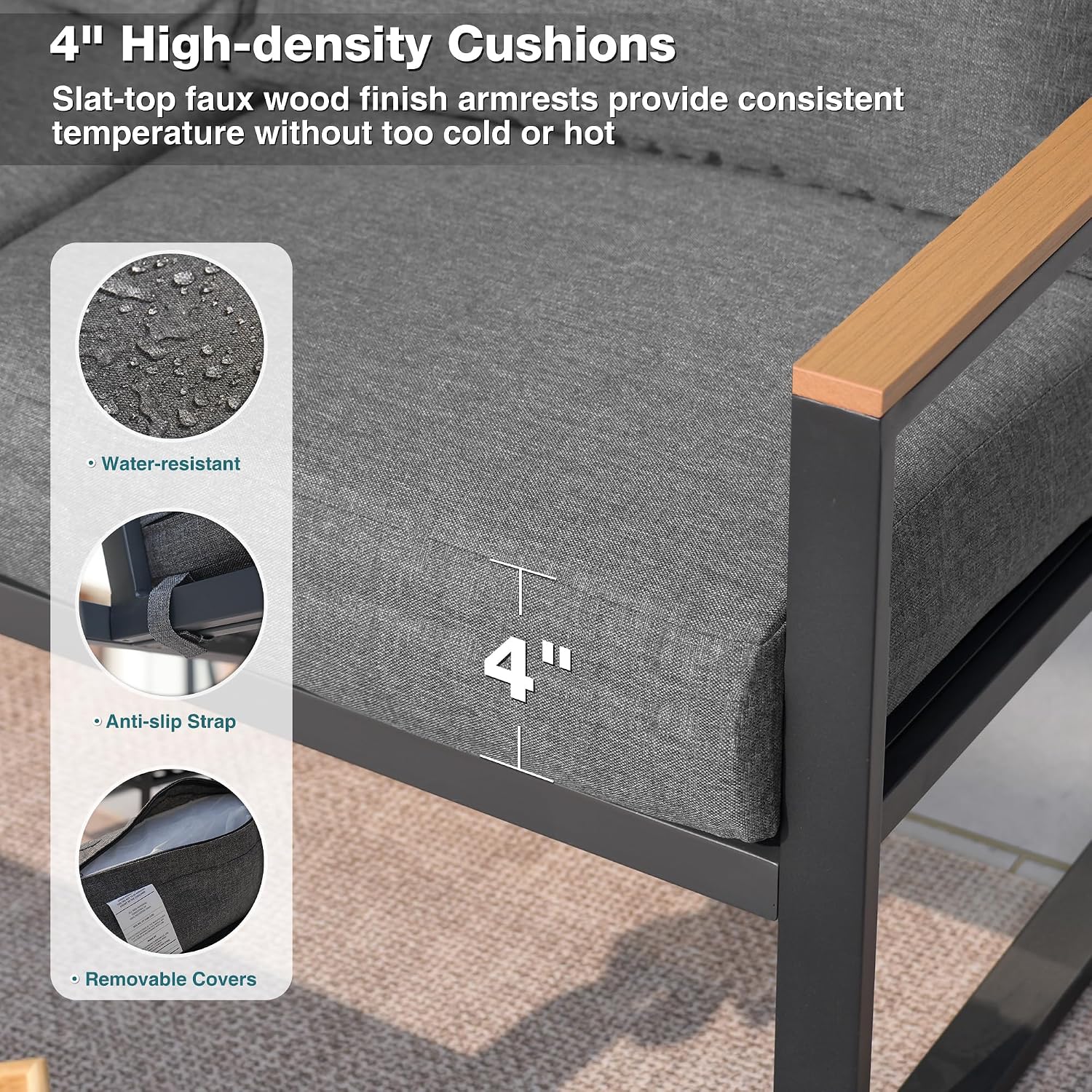 Patio Furniture Set, 4 Pieces Outdoor Patio Furniture with Coffee Table Set, Metal Patio Conversation Sets with Washable and High-Resiliency Sponge Cushions,Upgarded Grey