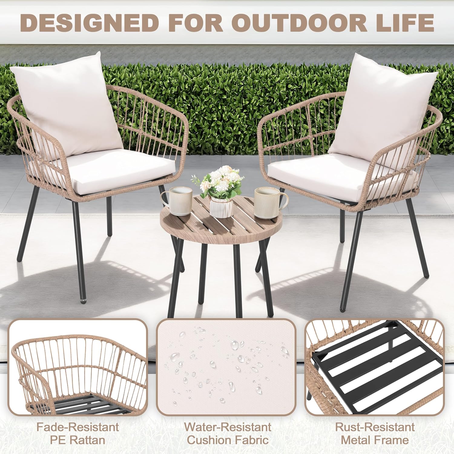 NUU GARDEN 3-Piece Patio Bistro Set, All-Weather Wicker Rattan Outdoor Table and 2 Chairs with Cushions for Porch, Backyard, Poolside, Deck, Beige
