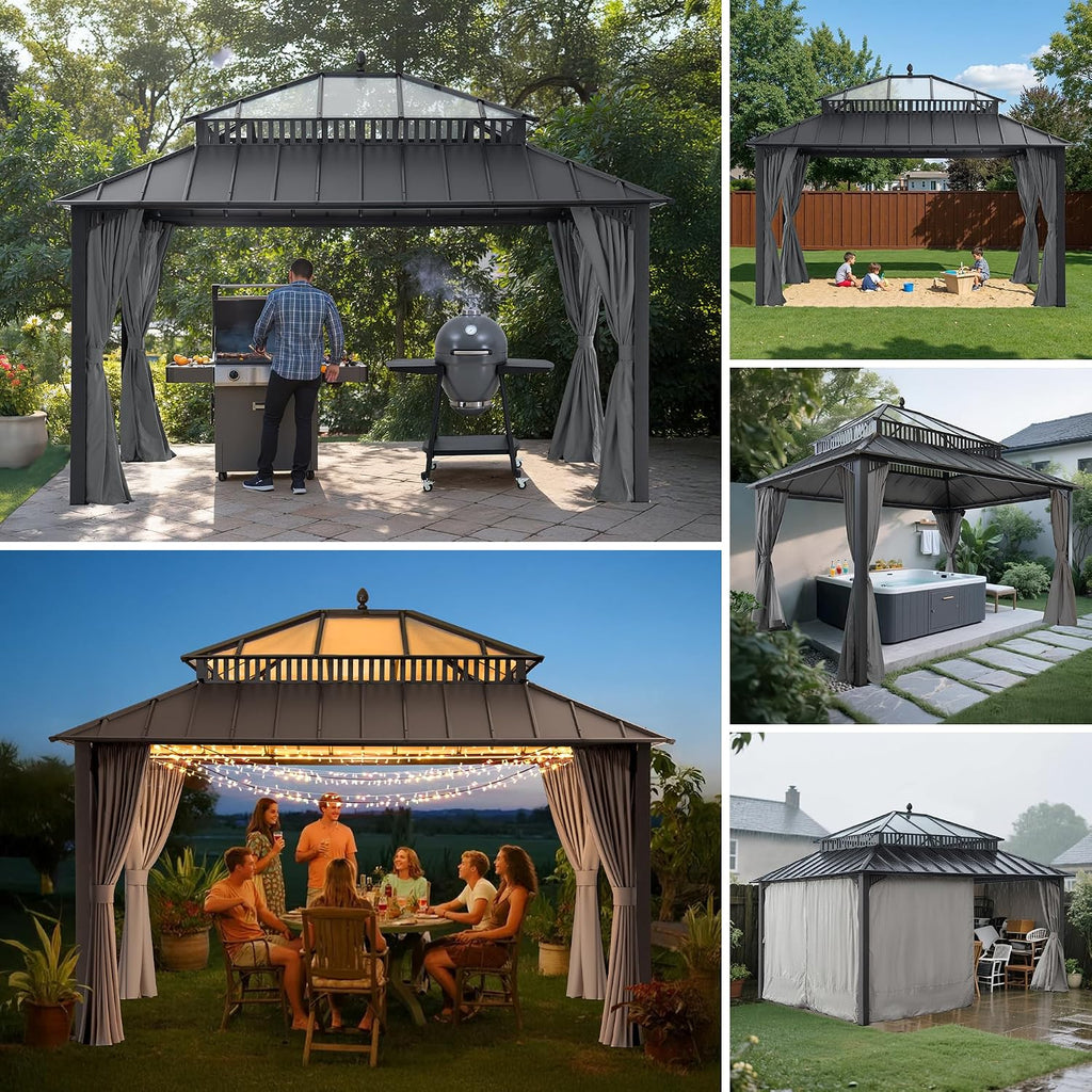 SUNJOY Kingston 14' x 12' Hardtop Gazebo with Galvanized Steel/Polycarbonate Double Roof, Curtain and Netting, Gray Aluminum Posts Permanent Pavilion Gazebo for Garden, Patio, Deck, Lawn