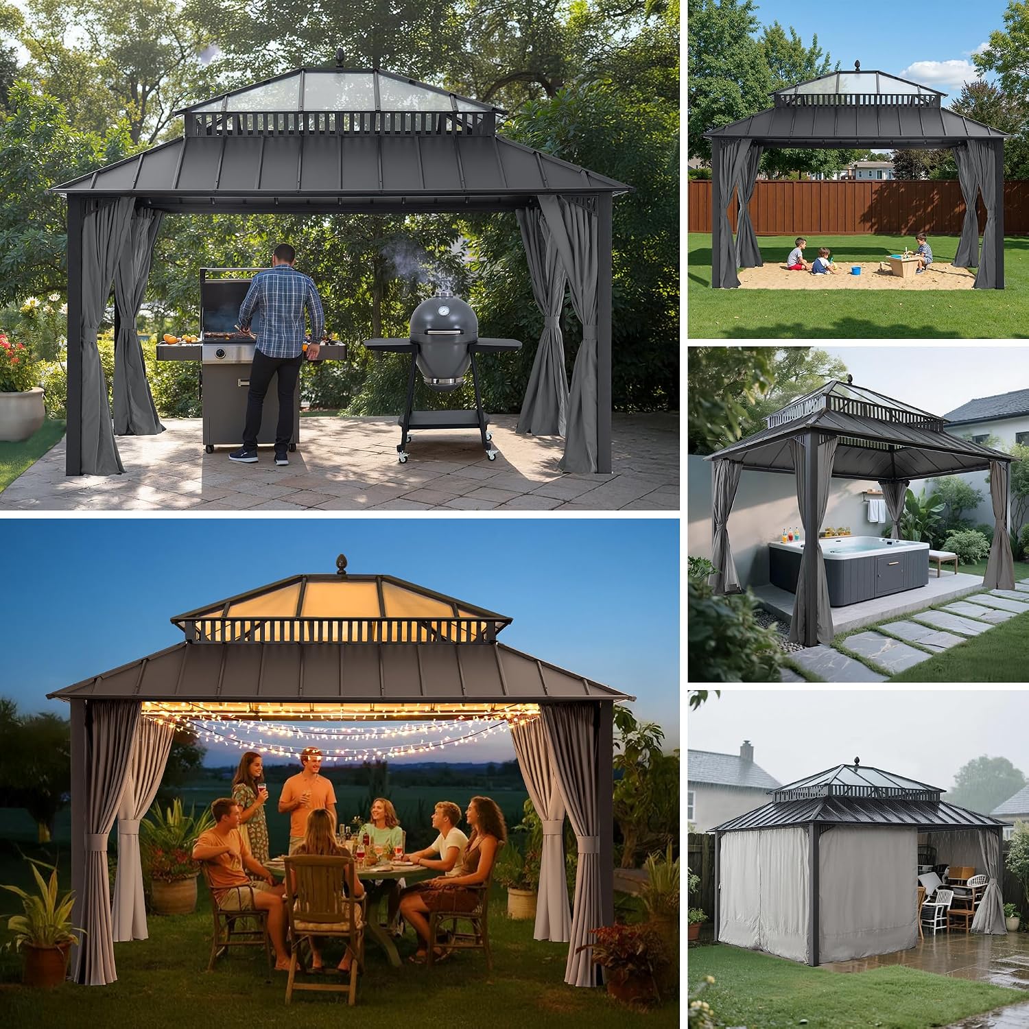SUNJOY Kingston 14' x 12' Hardtop Gazebo with Galvanized Steel/Polycarbonate Double Roof, Curtain and Netting, Gray Aluminum Posts Permanent Pavilion Gazebo for Garden, Patio, Deck, Lawn