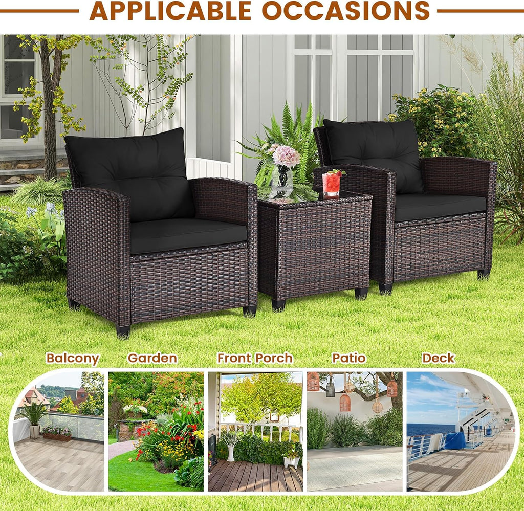 ORALNER 3 Pieces Patio Furniture Set, Outdoor Wicker Conversation Set Rattan Chairs with Cushions, Glass Coffee Table, Bistro Set for Front Porch Balcony Garden Deck Poolside (Black)