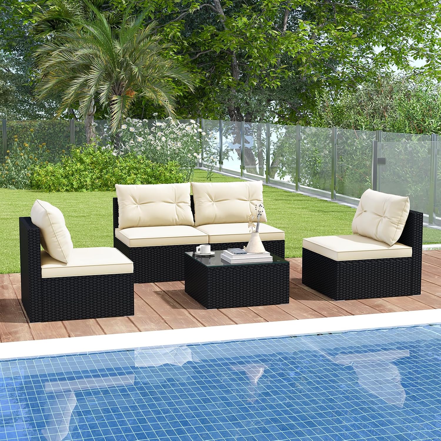 RELAX4LIFE 5-Piece Outdoor Patio Furniture Set, Rattan Sectional Sofa Set w/Glass-Top Coffee Table, Soft Seat & Back Cushions, Bistro Set for Garden Backyard Porch, Wicker Conversation Set (Off White)