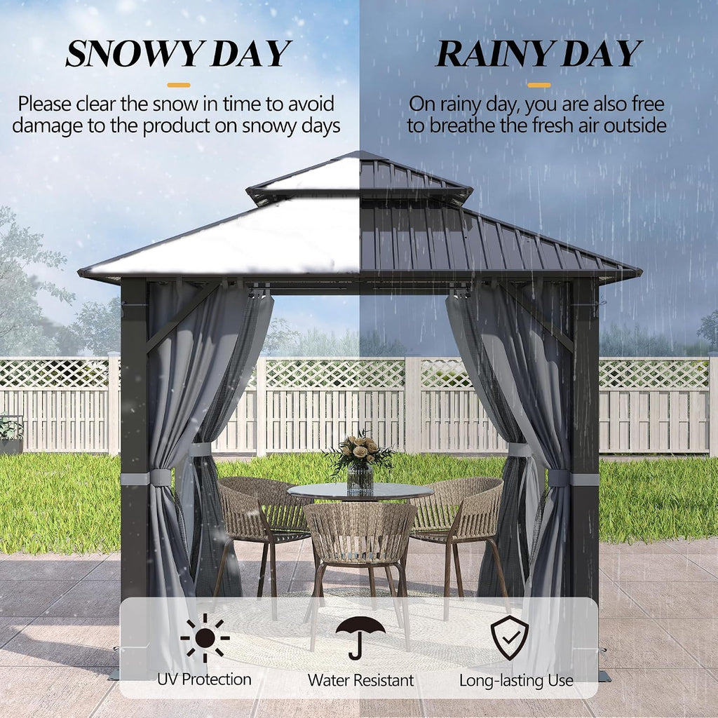 GARTOO 8.5x8.5FT Outdoor Hardtop Gazebo with Double Roof - Aluminum Heavy-Duty Steel Top Gazebo with Solar LED Light, Breathable Netting & Privacy Curtain for Patio, Porch, Garden, Backyard