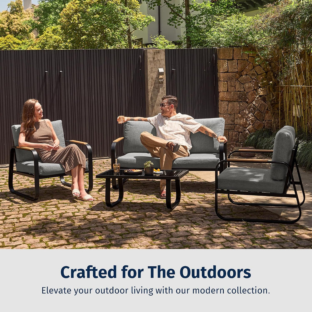 East Oak 4-Piece Patio Furniture Set, Outdoor Patio Set w/Removable & Washable Deep Seating Cushion, Outside Patio Conversation Sets for Backyard, New Upgraded Design, Black & Misty Gray