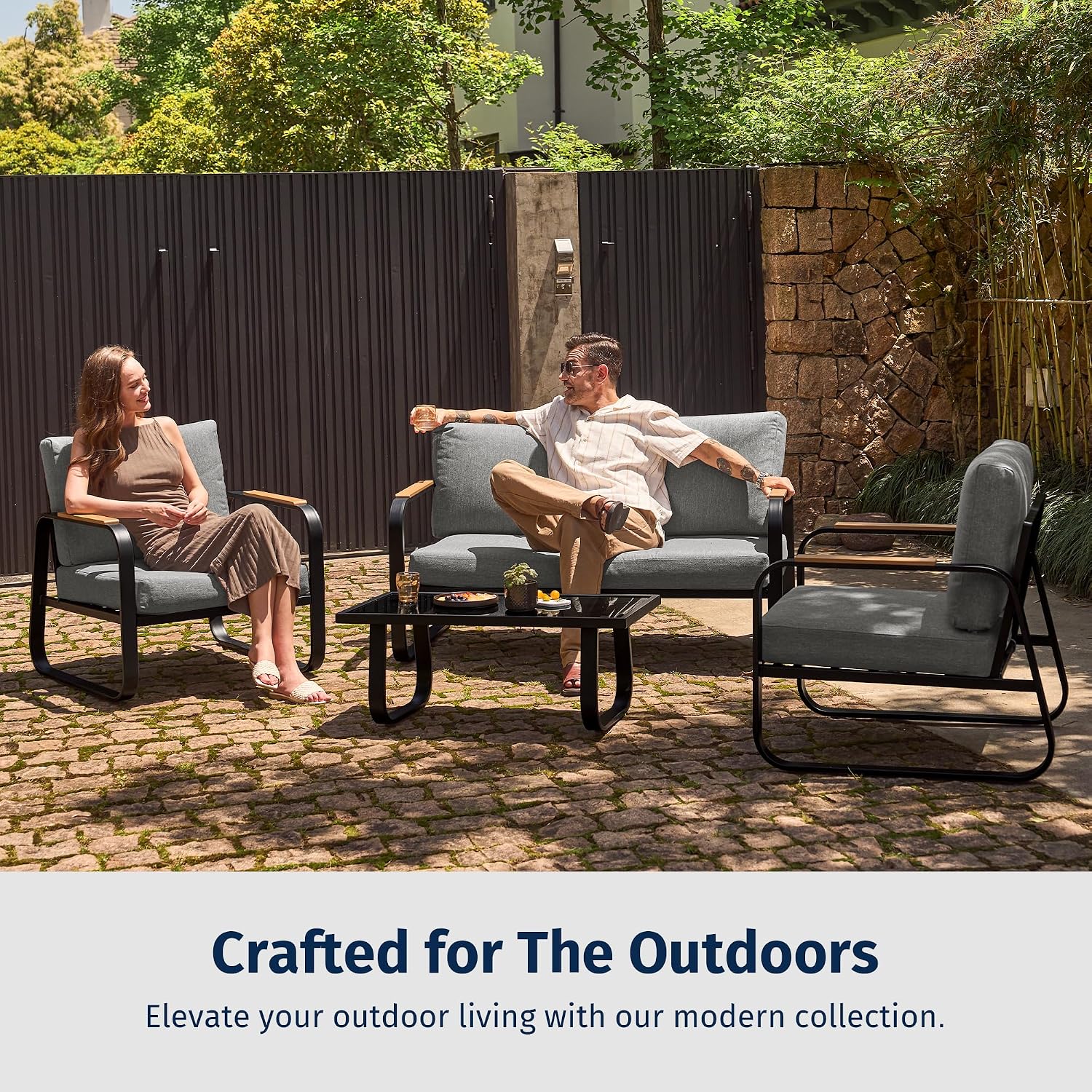 East Oak 4-Piece Patio Furniture Set, Outdoor Patio Set, 4.7inch Removable & Washable Deep Seating Cushion Outside Conversation Sets, Gray