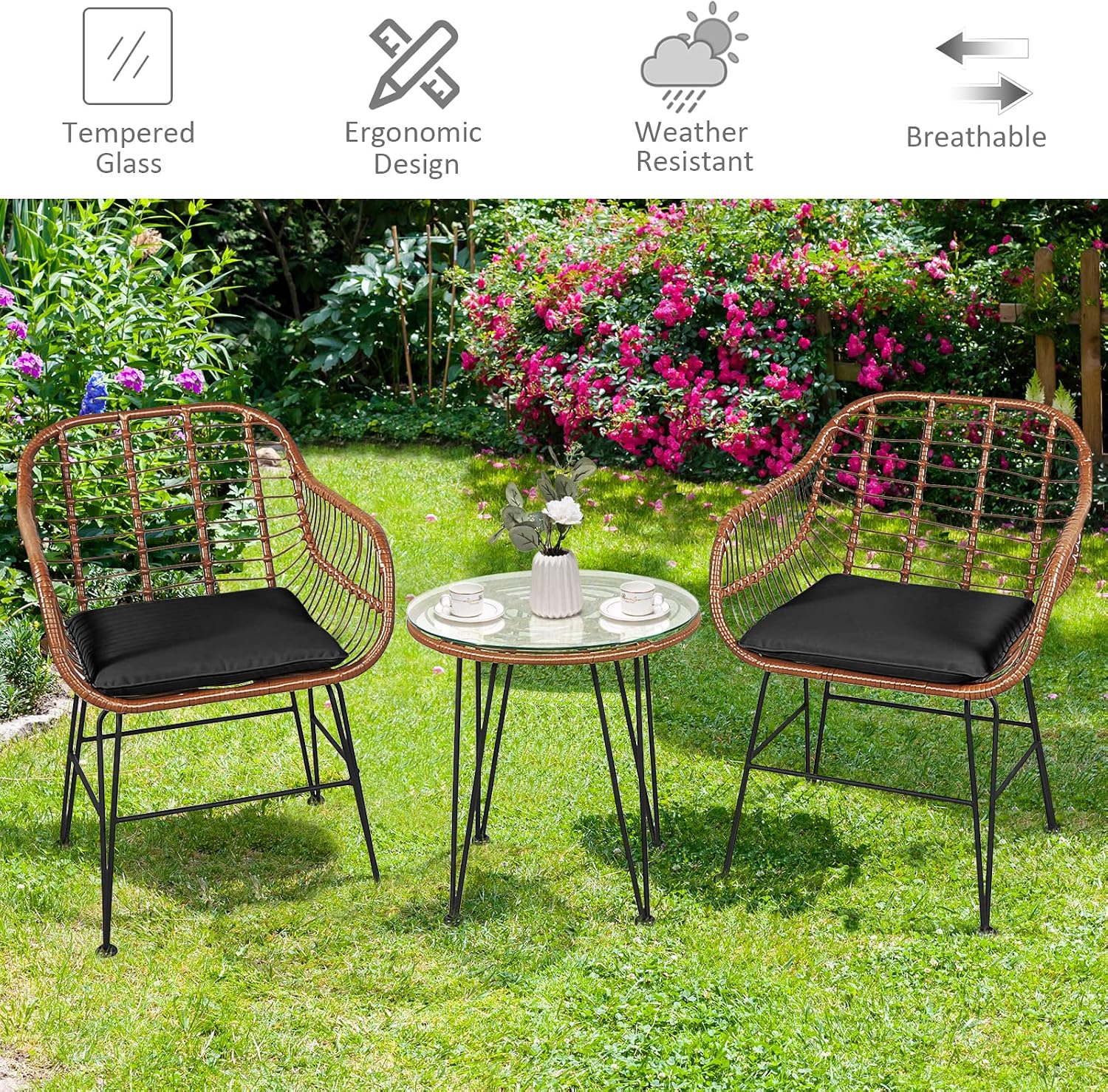 Tangkula 3 Pieces Patio Conversation Bistro Set, Outdoor Wicker Furniture w/Round Tempered Glass Top Table & 2 Rattan Armchairs, Bistro Chat Set w/Seat Cushions for Porch, Backyard, Garden