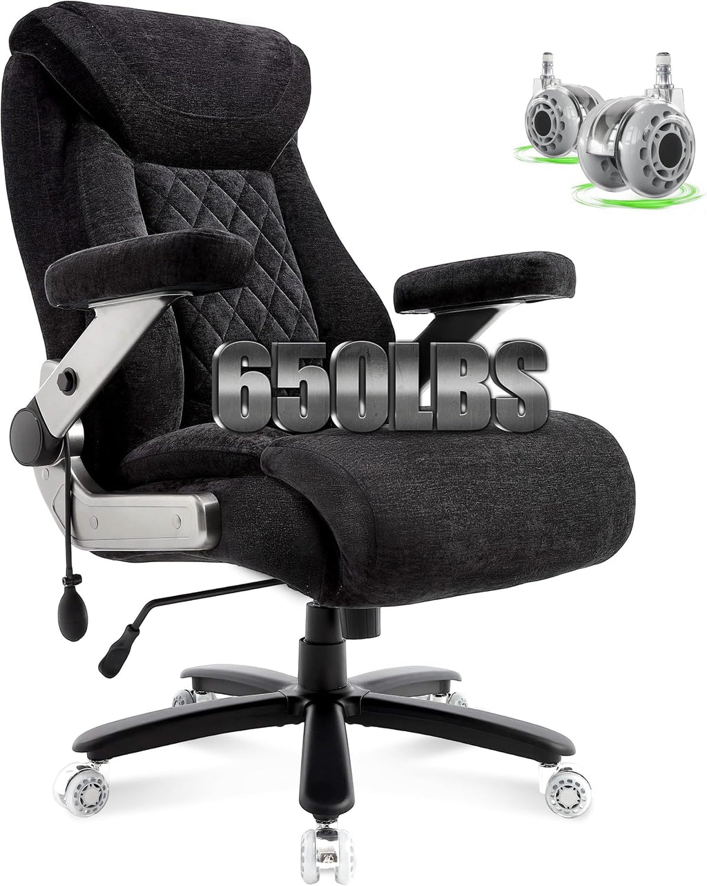 650lbs Big and Tall Office Chair with Thick Spring Cushion,5D Flip Arm Ergonomic Executive Office Chair Adjustable Lumbar Airbag&Extra Wide,Comfy Large Padded Heavy Duty Game Chair,Blackcloth