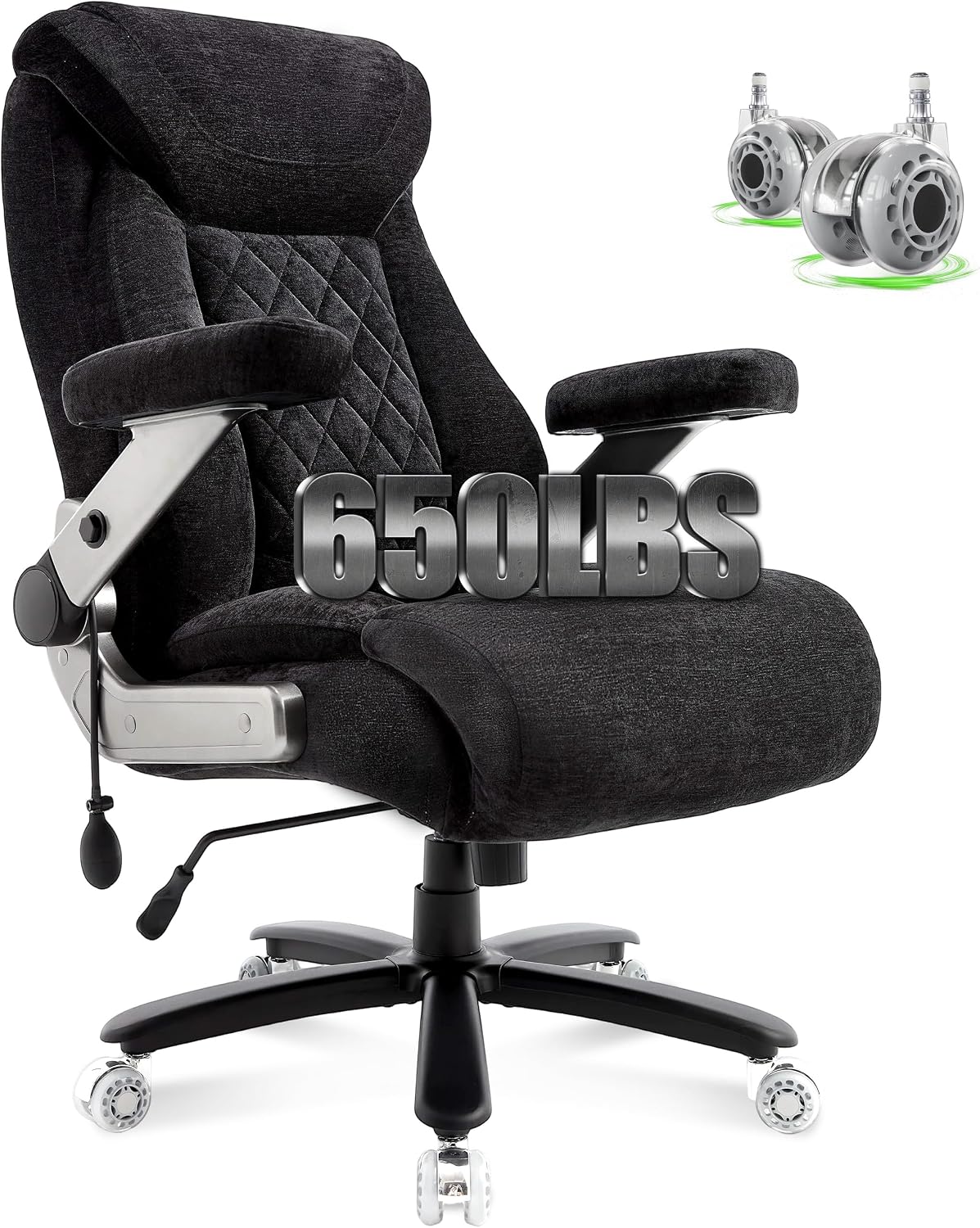 650lbs Big and Tall Office Chair with Thick Spring Cushion,5D Flip Arm Ergonomic Executive Office Chair Adjustable Lumbar Airbag&Extra Wide,Comfy Large Padded Heavy Duty Game Chair,Blackcloth