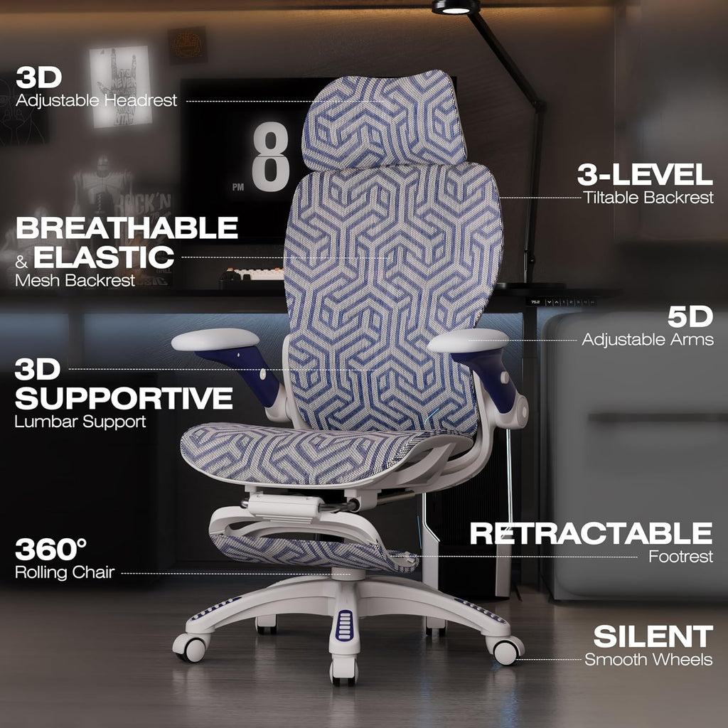 ELABEST X100 Ergonomic Mesh Office Chair with Footrest, Big and Tall Hone Desk Chair with 5D Flip-Up Arms, Adjustable 3D Lumbar Support,Gaming & Executive Computer Chairs (Cybernetic Pulse)