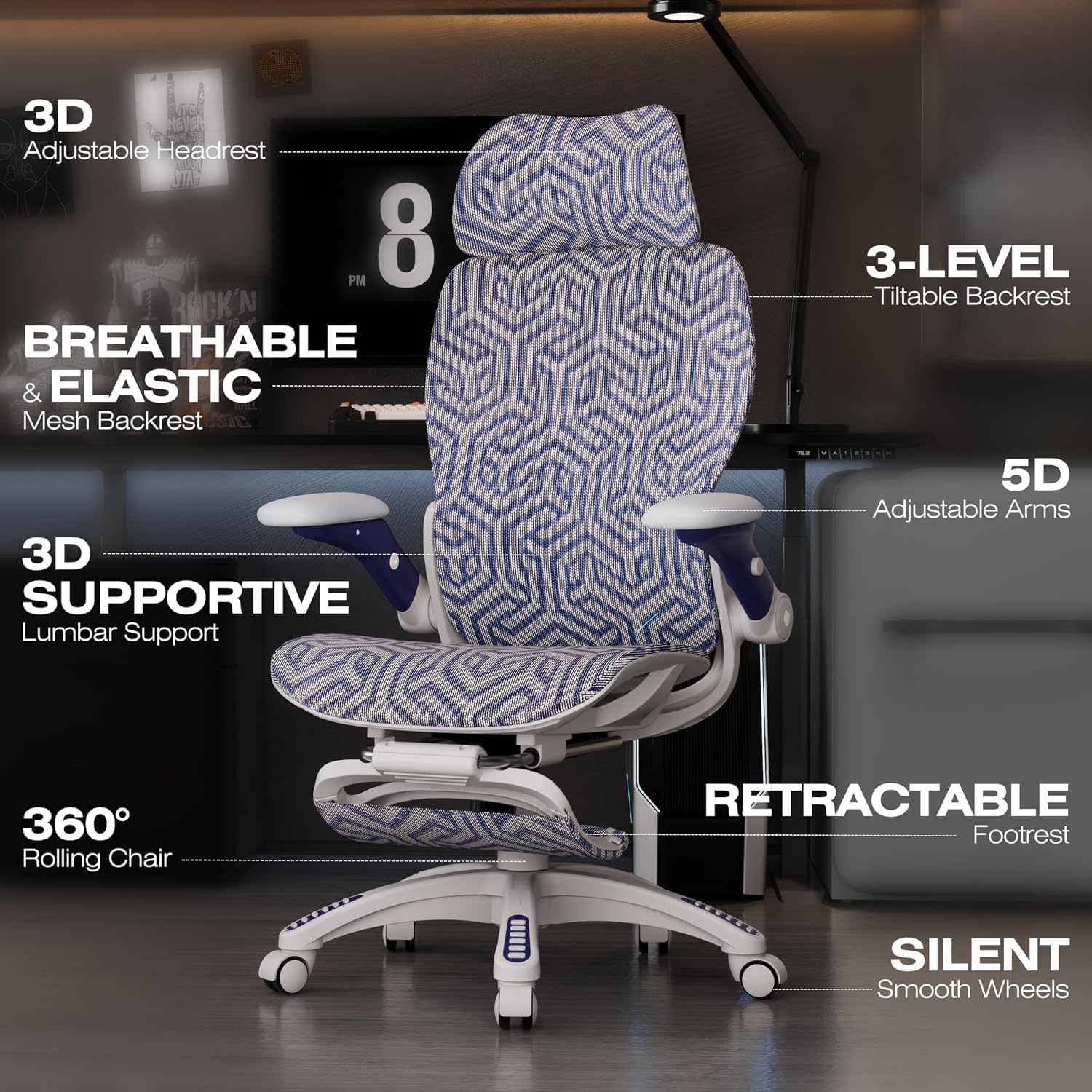ELABEST X100 Ergonomic Mesh Office Chair with Footrest, Big and Tall Hone Desk Chair with 5D Flip-Up Arms, Adjustable 3D Lumbar Support,Gaming & Executive Computer Chairs (Cybernetic Pulse)
