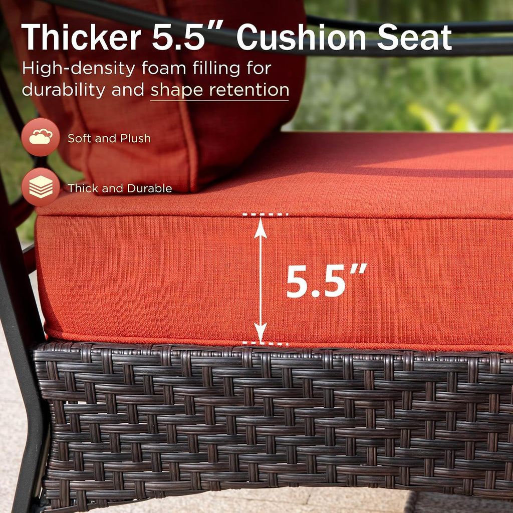 PHI VILLA Outdoor Modern Patio Furniture Set, Upgraded Wicker & Metal Patio Conversation Set with Waterproof Thick Cushions for Porch, Poolside, Yard (5 Pieces,Red)