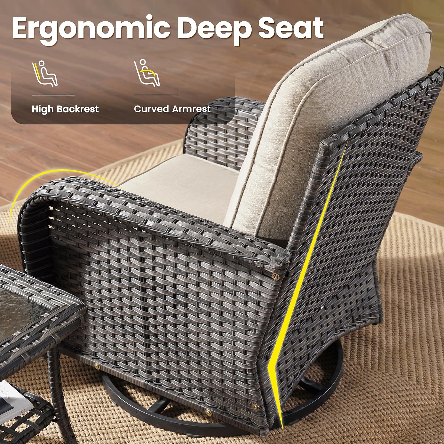 ovios 3-Piece Patio Furniture Set, Outdoor Wicker Sofa with Swivel Chairs, High Back Rattan Gliders Rocker with Comfy Cushions for Porch Yard Deck, Beige