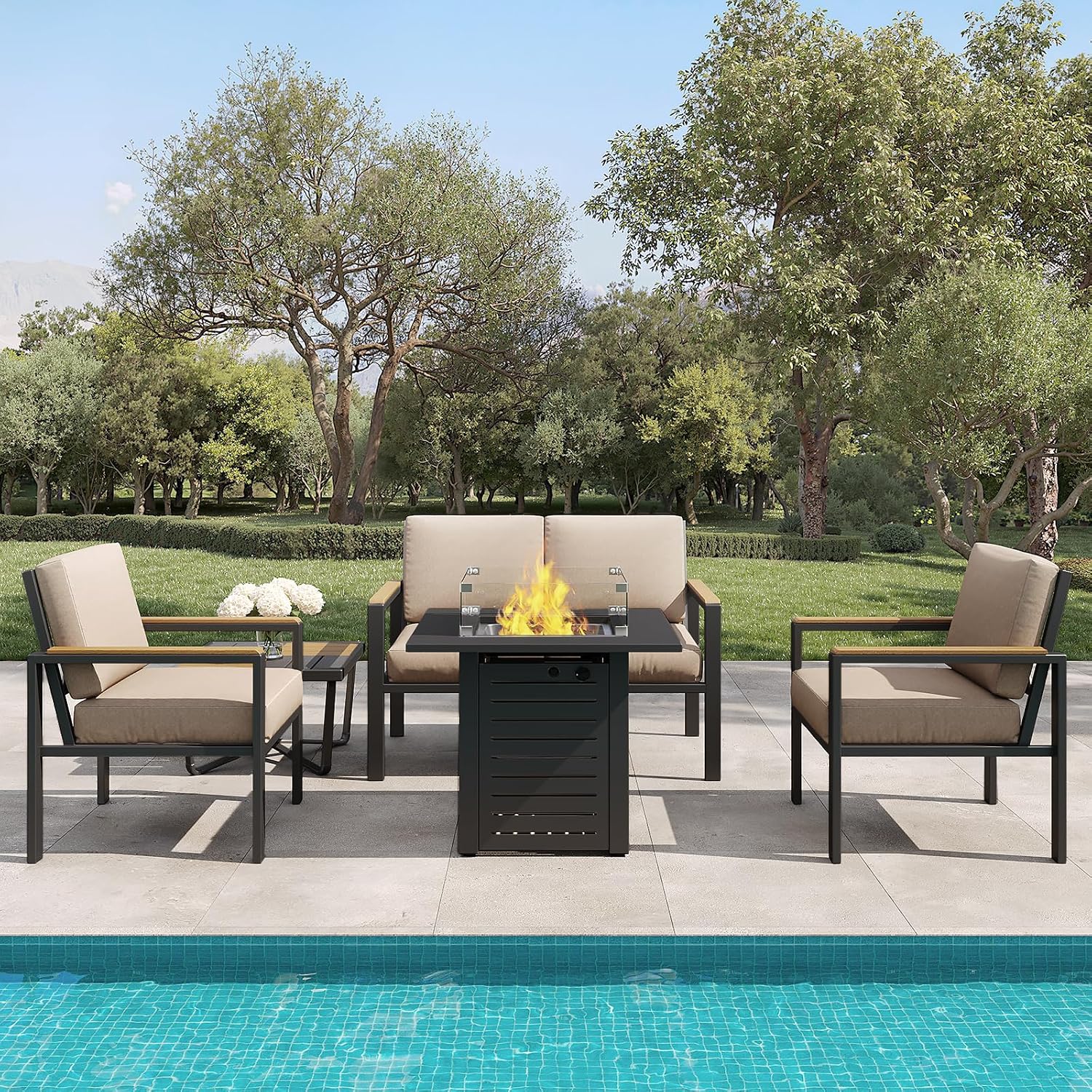 5-Piece Patio Furniture Set with 28' Propane Fire Pit Table, Heavy-Duty Metal Outdoor Conversation Set with Deep Cushions & Wood-Like Armrests for Patio, Porch, Backyard, Garden – Brown
