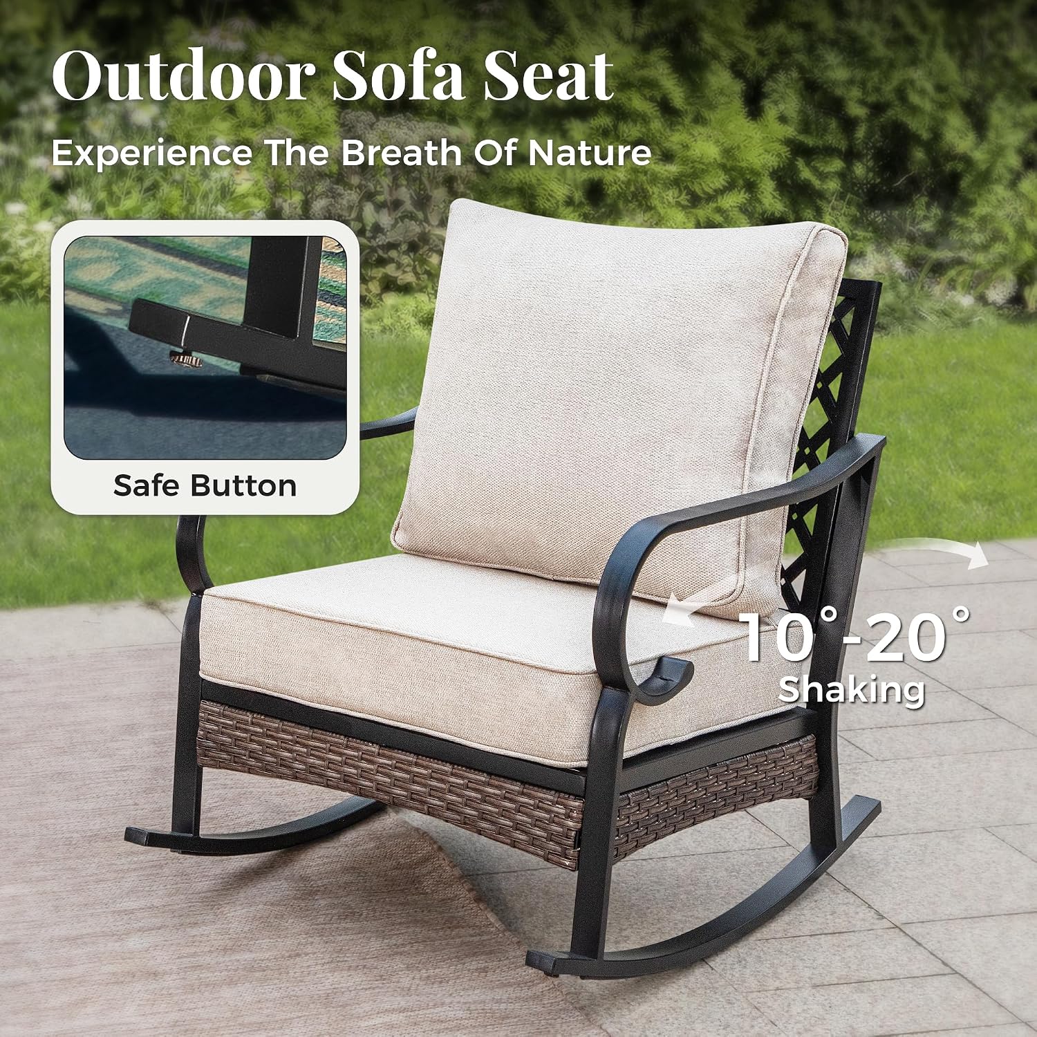 MIXPATIO Patio Furniture Set with Firepit Table, Black Frame Outdoor Conversation Set with 2 x Rocking Chairs, 1 x 3-Seat Sofa for Lawn Garden Backyard, Beige