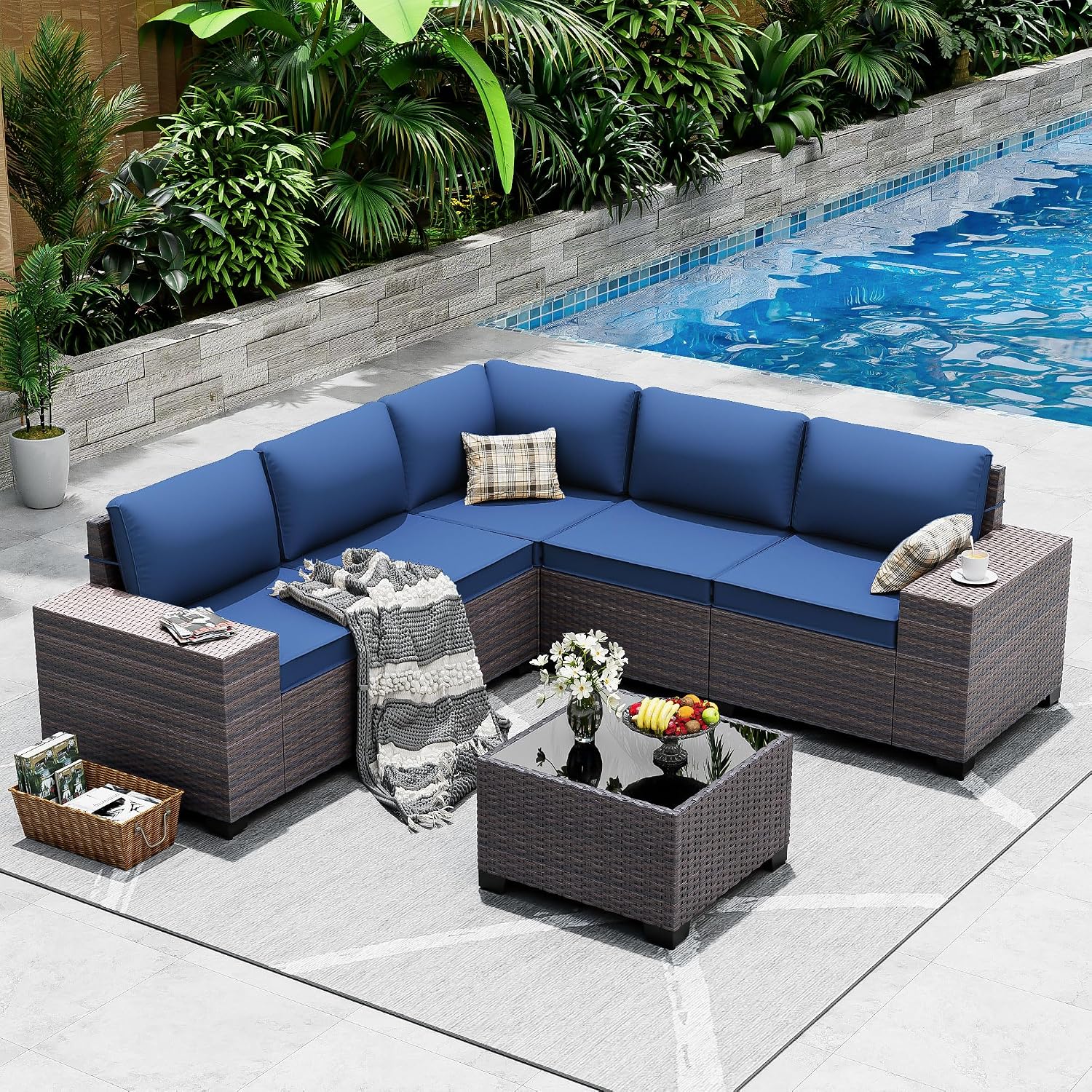 Outdoor Patio Furniture Set, 6 Pieces Outdoor Sectional Furniture High Backrest Patio Sofa, All-Weather PE Rattan Patio Conversation Set with Coffee Table & Cushions(Dark Blue).