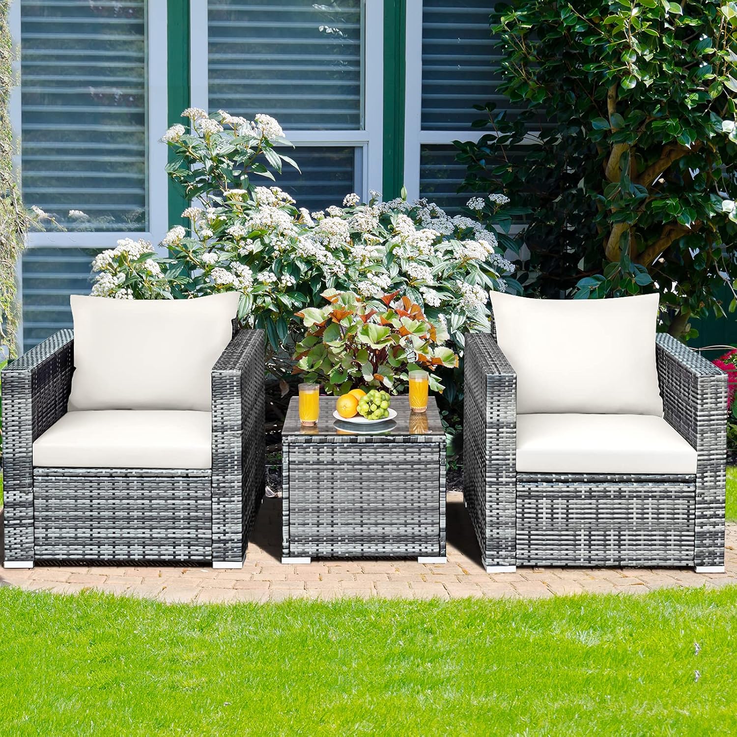 HAPPYGRILL 3 PCS Patio Conversation Set Outdoor Rattan Wicker Sofa Set with Coffee Table Patio Furniture Set with Soft Cushions for Balcony Porch Backyard Garden