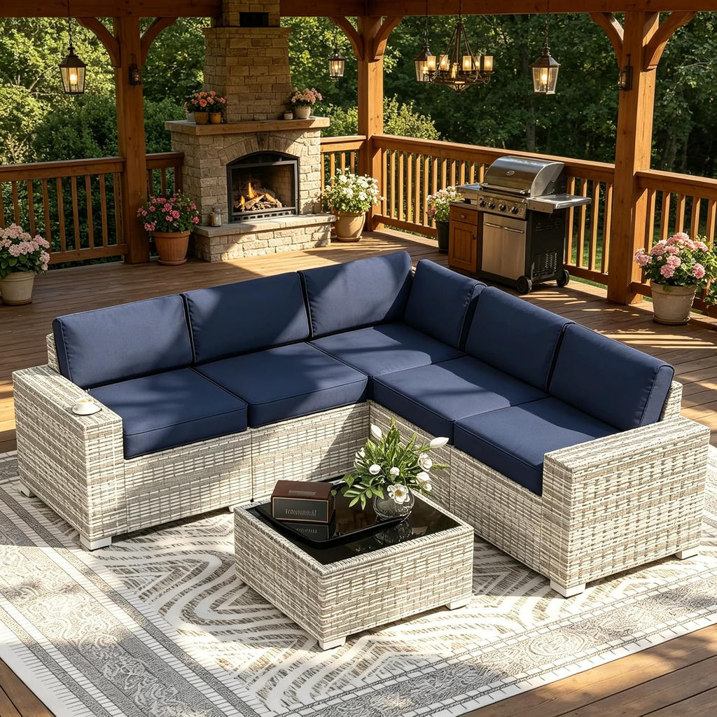 SHGJ&SOFT 6pcs Outdoor Patio Furniture Set, Waterproof Wicker Outdoor Sectional Couch with Thick Cushions, All-Weather Rattan Sectional Sofa