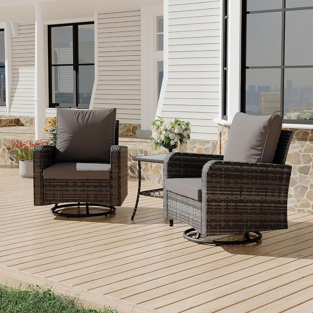 HOMREST 3 Piece Swivel Patio Chairs Wicker Set - All Weather Outdoor Patio Bistro Set with Side Table, Small Patio Furniture Set for Balcony Porch Deck Backyard, Grey