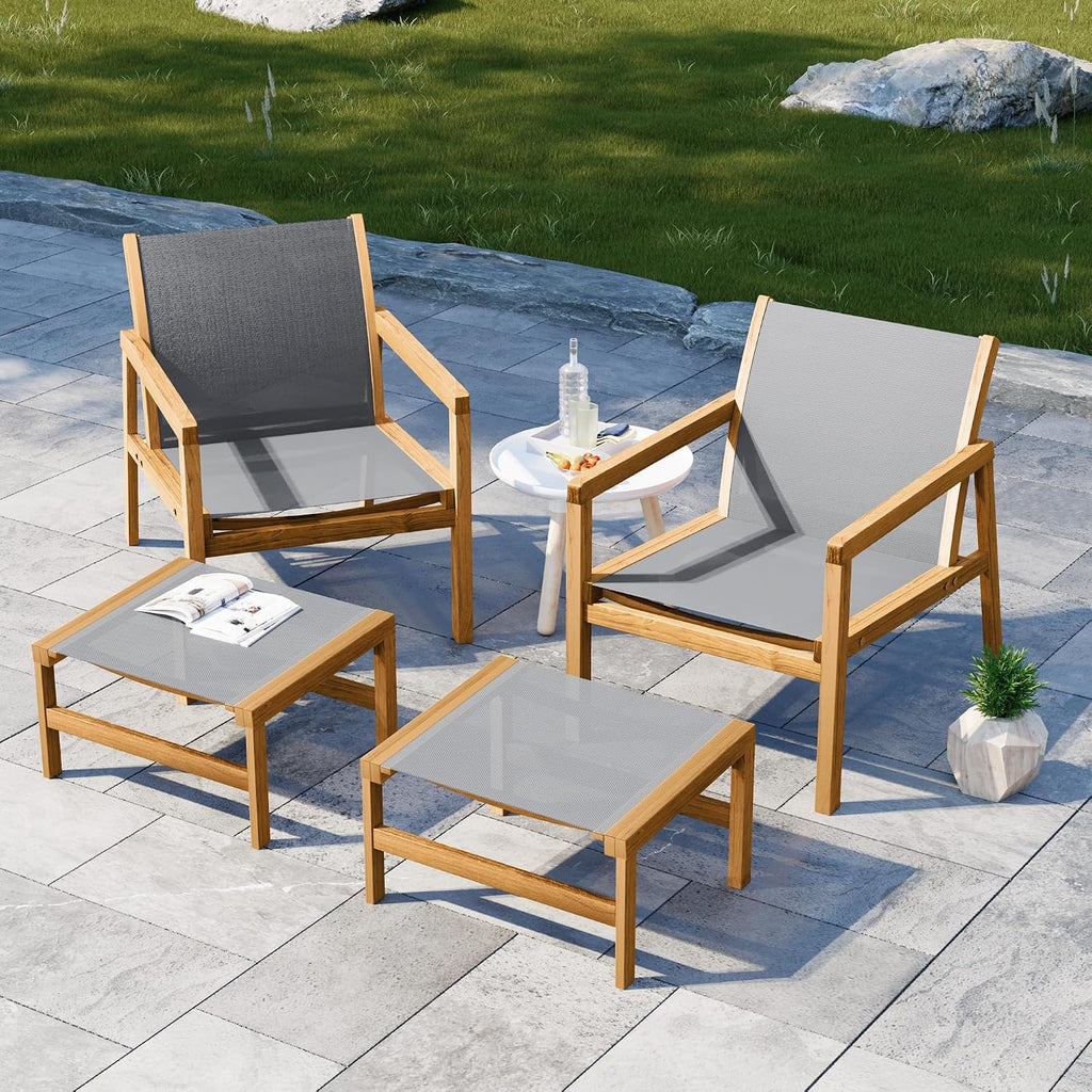 Devoko Patio Furniture Set 4 Piece Outdoor Conversation Set Acacia Wood and Textile Chairs with Footstool for Patio, Lawn, Garden, Poolside