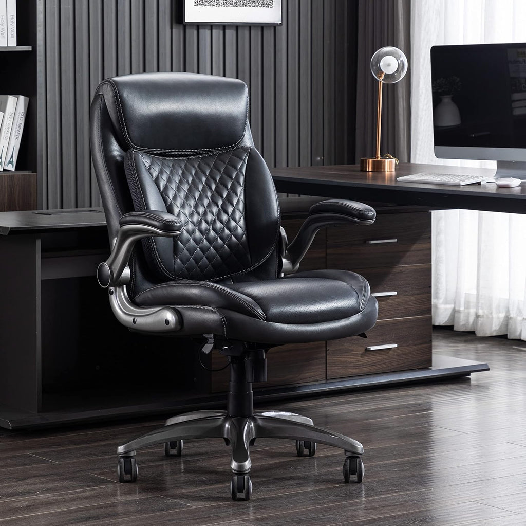 Amazon Basics Ergonomic Executive Office Chair with Adjustable Lumbar Support, Flip-up Arms, Height Adjustable, 360° Rolling Swivel, Computer Desk Chair, Grey Leather