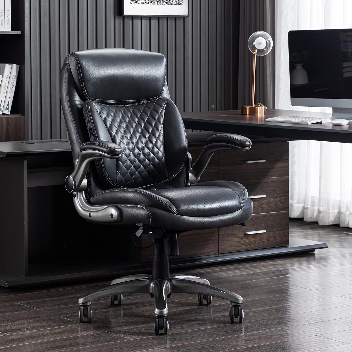 Amazon Basics Ergonomic Executive Office Chair with Adjustable Lumbar Support, Flip-up Arms, Height Adjustable, 360° Rolling Swivel, Computer Desk Chair, Grey Leather