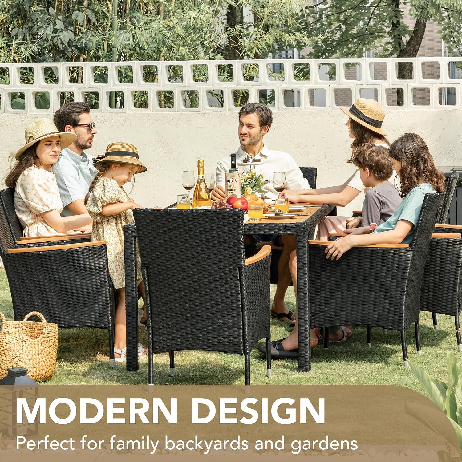 Devoko Outdoor Patio Dining Sets 9 Pieces Wicker Outdoor Dining Table and Chairs Set with Acacia Wood Table Top and Widened Armrests for Backyard, Garden, Deck (Black)
