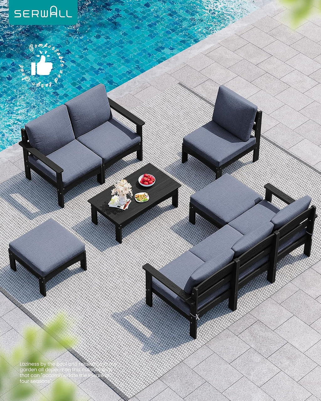 SERWALL HDPE Outdoor Coffee Table, All-Weather Patio Side Table, Durable Patio Furniture Table for Garden, Deck, Porch, Poolside, Black