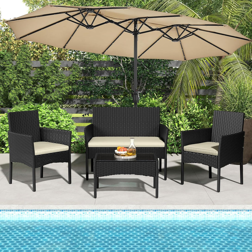 Yaheetech Patio Furniture Set 4 Pieces Conversation Sets, Rattan Chair Wicker Set Loveseat with Soft Cushion and Glass Table for Backyard Porch Garden Poolside Balcony, Black and Beige