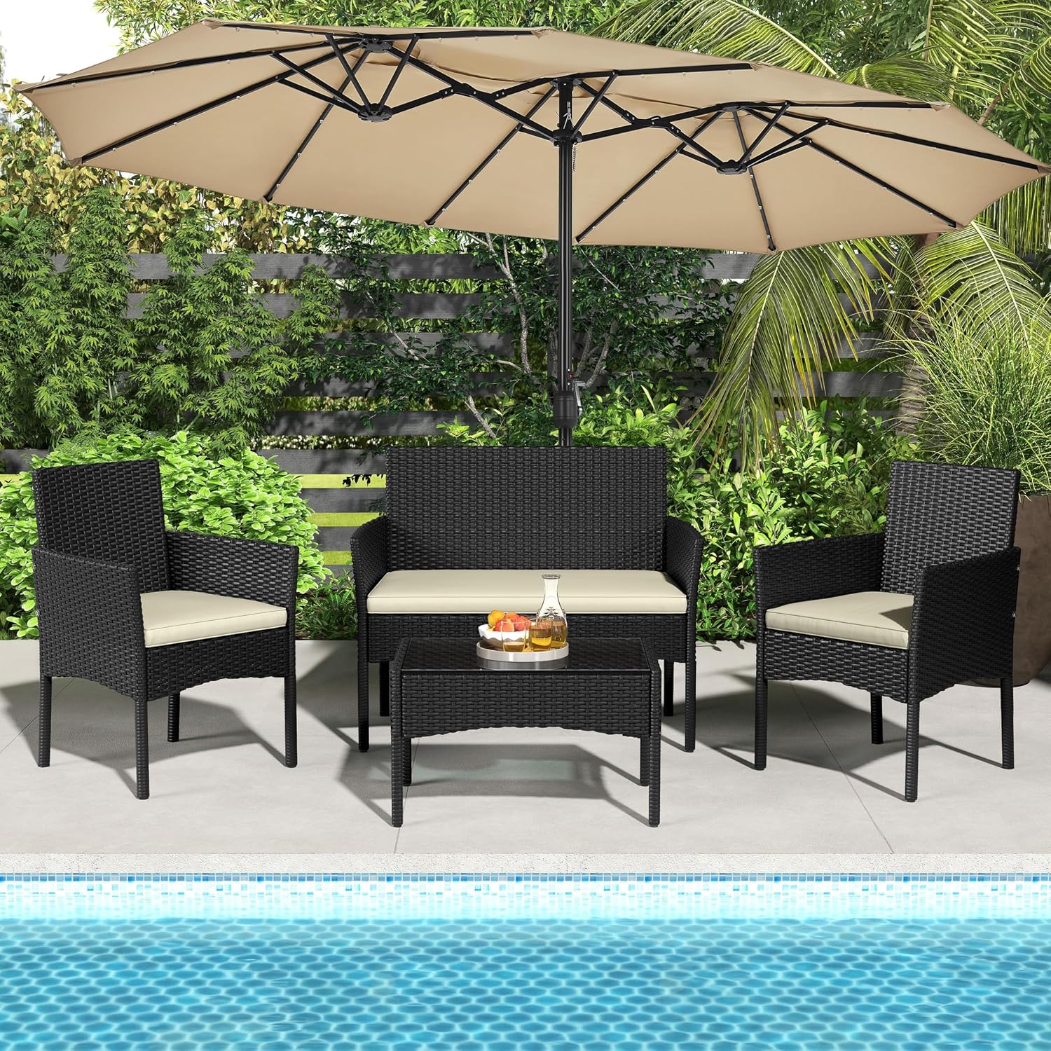 Yaheetech Patio Furniture Set 4 Pieces Conversation Sets, Rattan Chair Wicker Set Loveseat with Soft Cushion and Glass Table for Backyard Porch Garden Poolside Balcony, Black and Beige