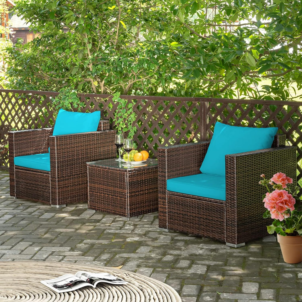 COSTWAY 3-Piece Patio Furniture Set, Outdoor Wicker Rattan Sofa with Cushions and Coffee Table with Tempered Glass, Modern Conversation Chair Set for Poolside Backyard Balcony Lawn (Turquoise)