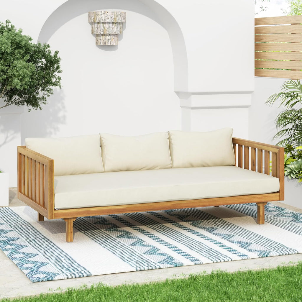 Christopher Knight Home Claremont Patio Sofa and Coffee Table Set, 2 Piece Outdoor Patio Furniture Set with Cushion, Acacia Wood 3 Seater Outdoor Sofa Daybed and Coffee Table Set, Teak+Beige
