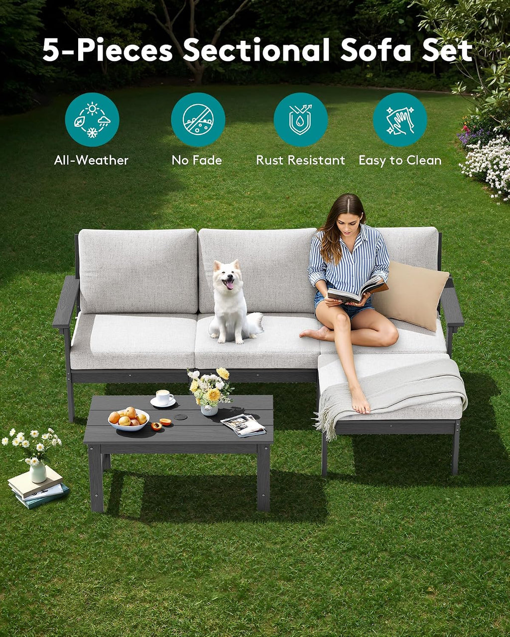 SERWALL Outdoor Sectional Sofa Set, 5-piece Outdoor Modula Couch Set with Ottoman, All Weather Patio Furniture Set with Chaise for Deck, Lawn, Gray Frame with Khaki Cushion