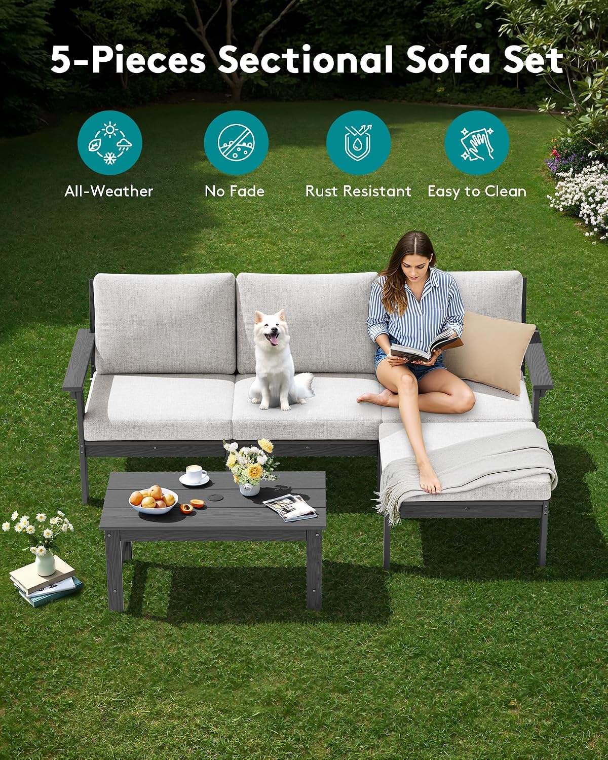 SERWALL Outdoor Sectional Sofa Set, 5-piece Outdoor Modula Couch Set with Ottoman, All Weather Patio Furniture Set with Chaise for Deck, Lawn, Gray Frame with Khaki Cushion