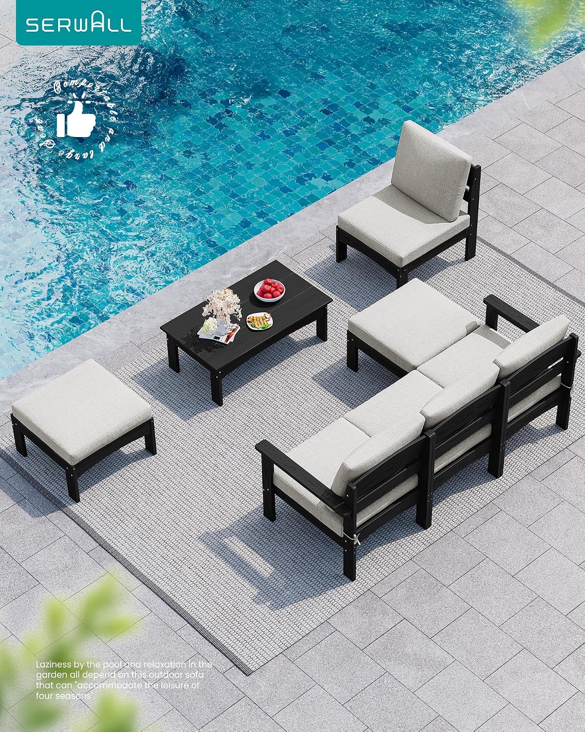 SERWALL 3 Pieces Patio Conversation Set, All-Weather HDPE Outdoor Sofas with Cushions and Coffee Table, Modular Sectional Furniture for Deck, Garden, Backyard, Black Frame with Khaki Cushion