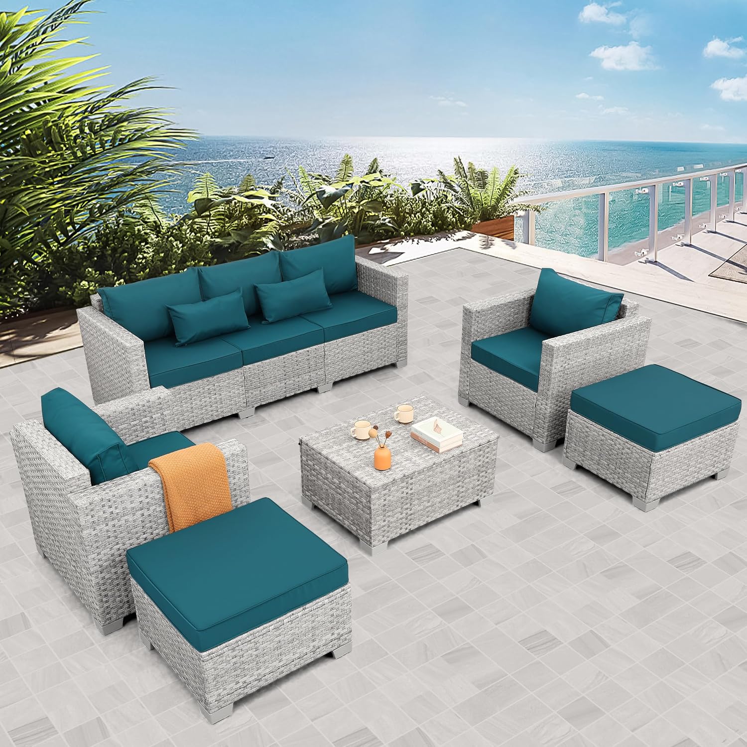 WAROOM Patio Furniture Set 6 Piece PE Rattan Outdoor Conversation Sets Grey Wicker Couch Sectional Sofa with Storage Coffee Table and Peacock Blue Cushion