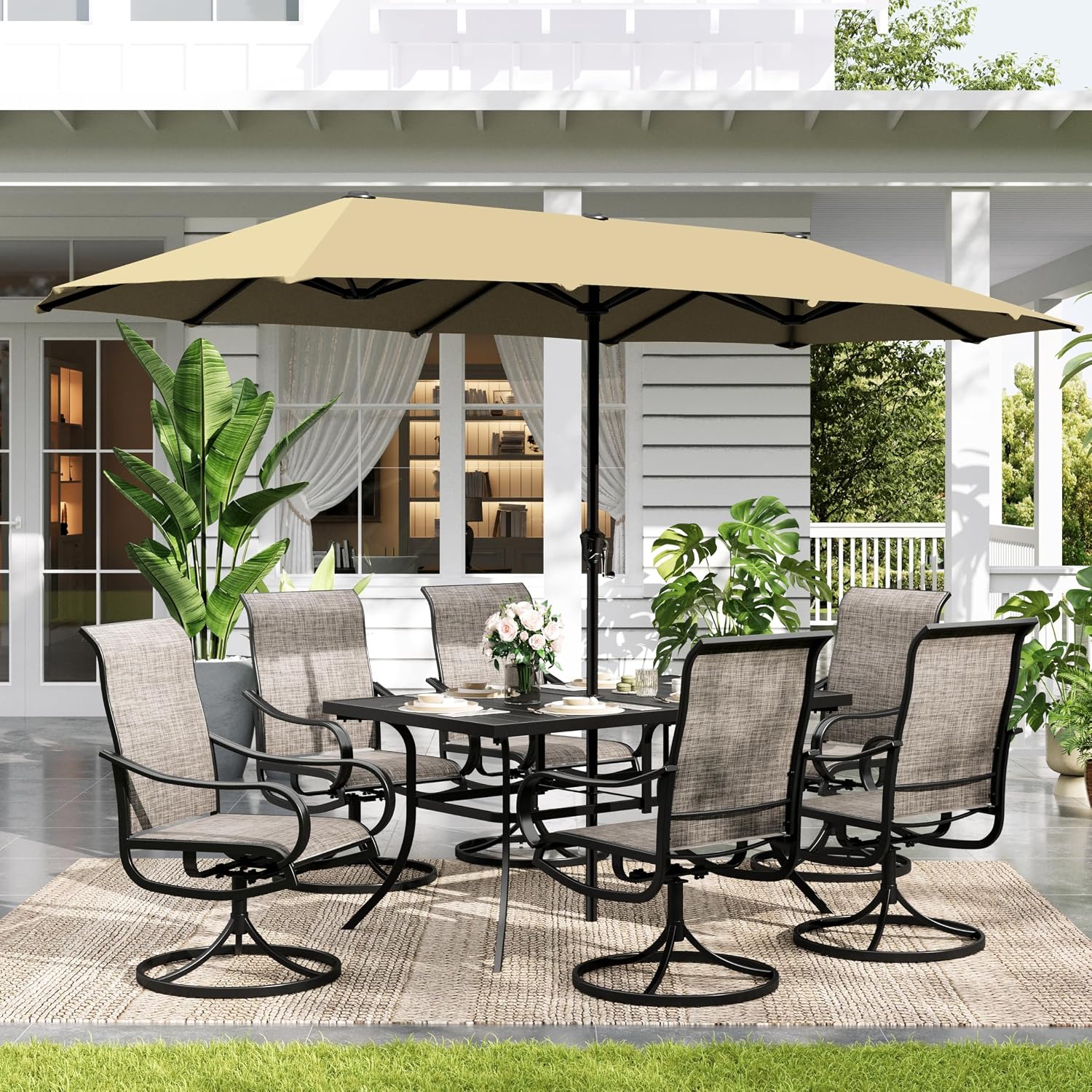 Sophia & William Patio Set with Umbrella 8 Pieces Outdoor Dining Set for 6 with 13ft Large Patio Umbrella Beige, 6 x Swivel Patio Chairs with 59' Dining Table for Lawn Garden