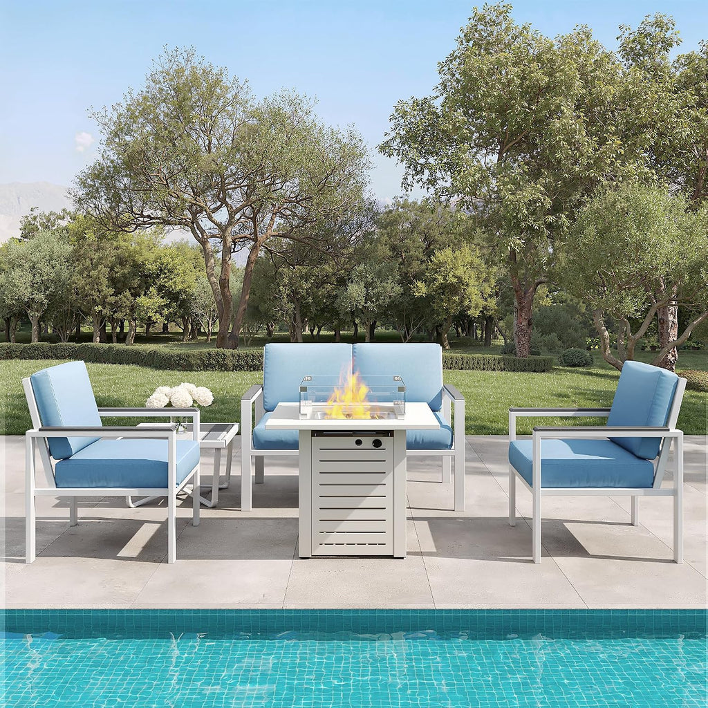 4-Piece Outdoor Patio Furniture Set, Metal Conversation Sofa Set with Deep Cushions & Wood-Like Armrests, Modern Patio Seating with Coffee Table for Garden, Porch, Balcony, Backyard (White)