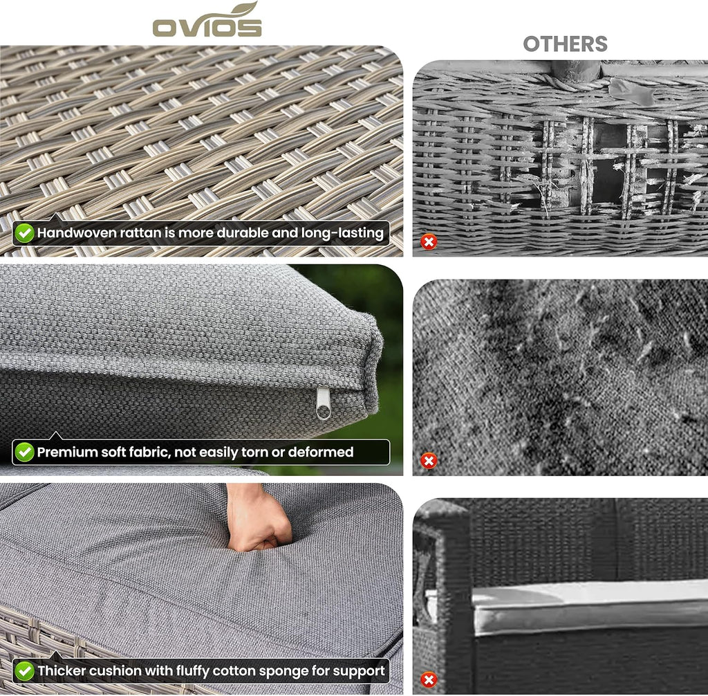 ovios 5-Piece Patio Furniture Set with L-Shape Sofa Chaise, Outdoor Sectional Couch Solar Table, Modern Modular Wicker Rattan Conversation Set, Dark Grey