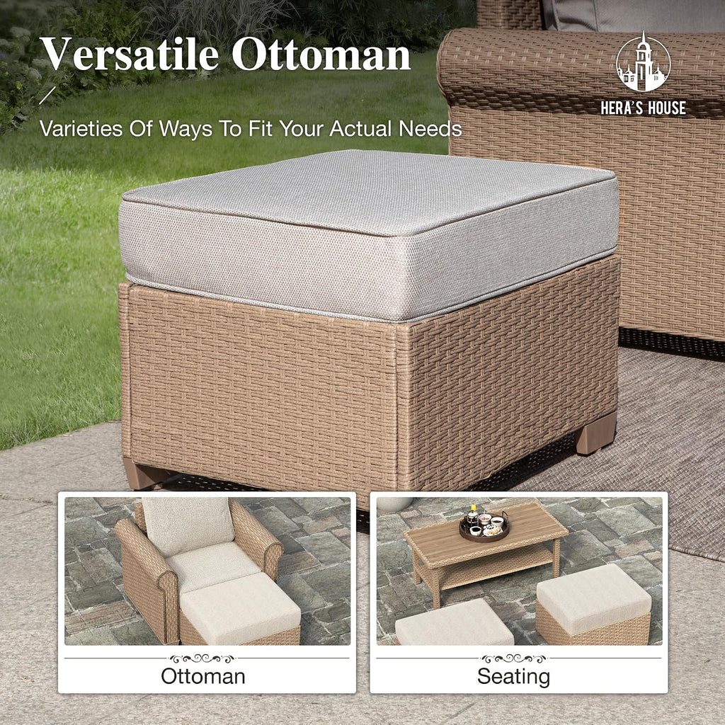 HERA'S HOUSE 5 Pieces Patio Furniture Set, All Weather 7 Seats Outdoor Wicker Sofa with Ottoman, 5.5' Thick Waterproof Cushion Conversation Set for Garden Deck Backyard, Beige